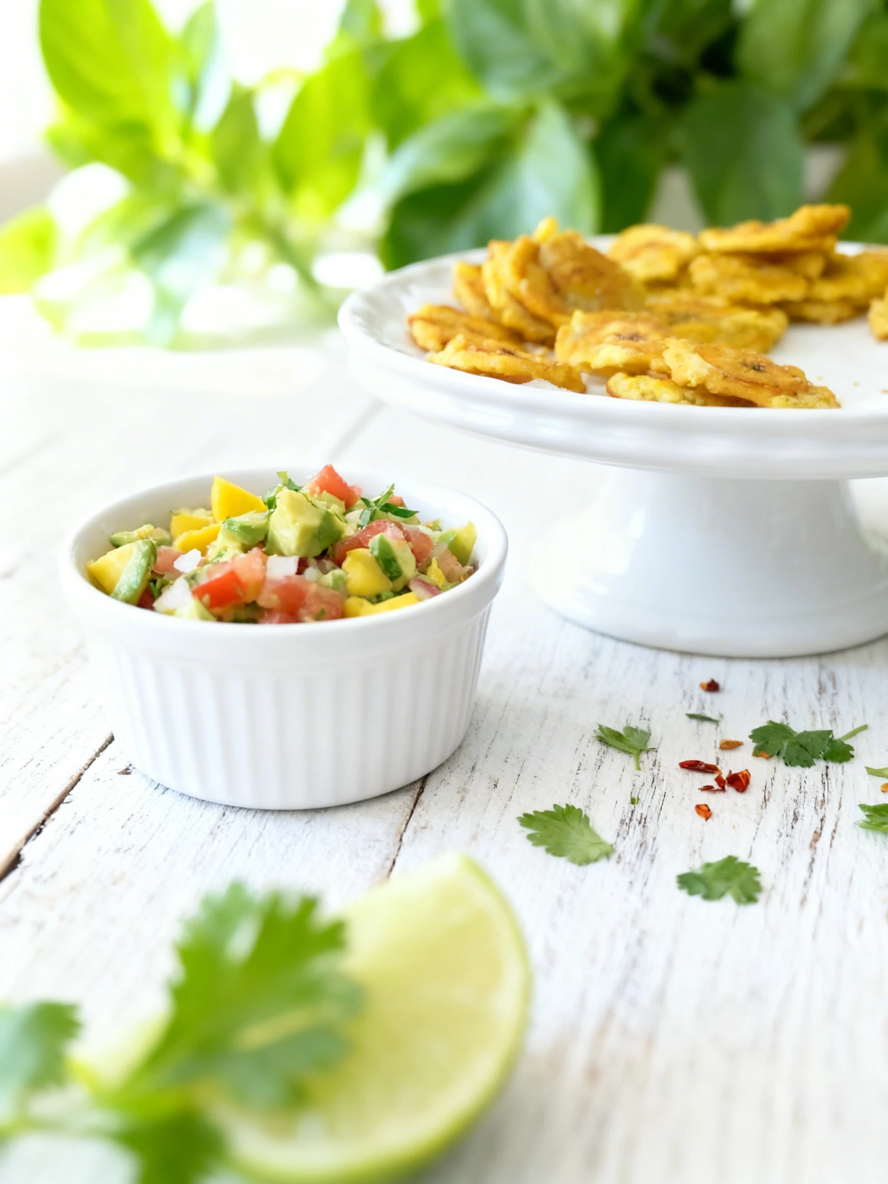 A stainless steel bowl containing fresh mango salsa with diced avocado, tomatoes, onions, and cilantro, served alongside a plate of fried plantain tostones.