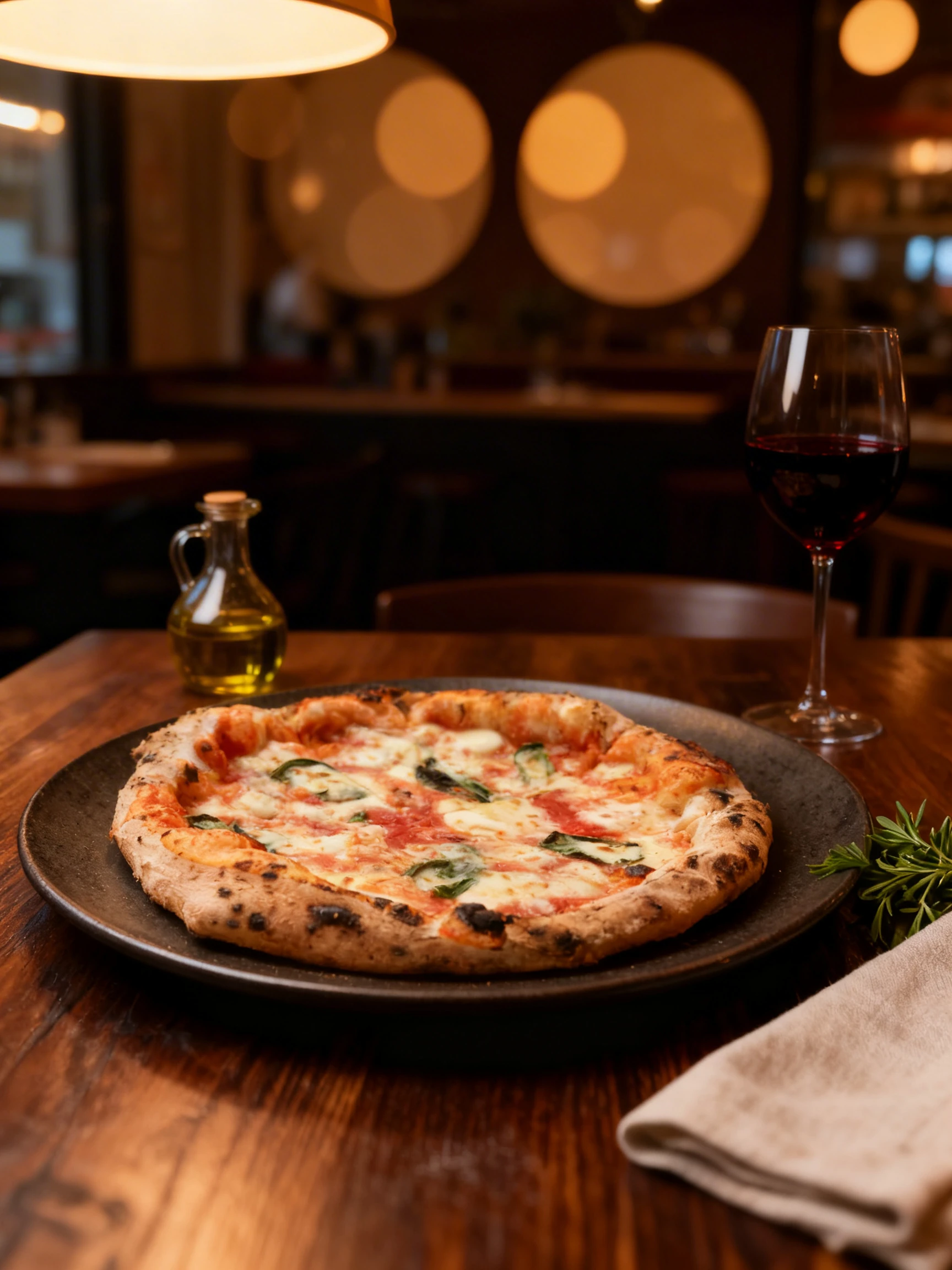 A Neapolitan-style Margherita pizza with a charred sourdough crust, melted fresh mozzarella, tomato sauce, and basil leaves.
