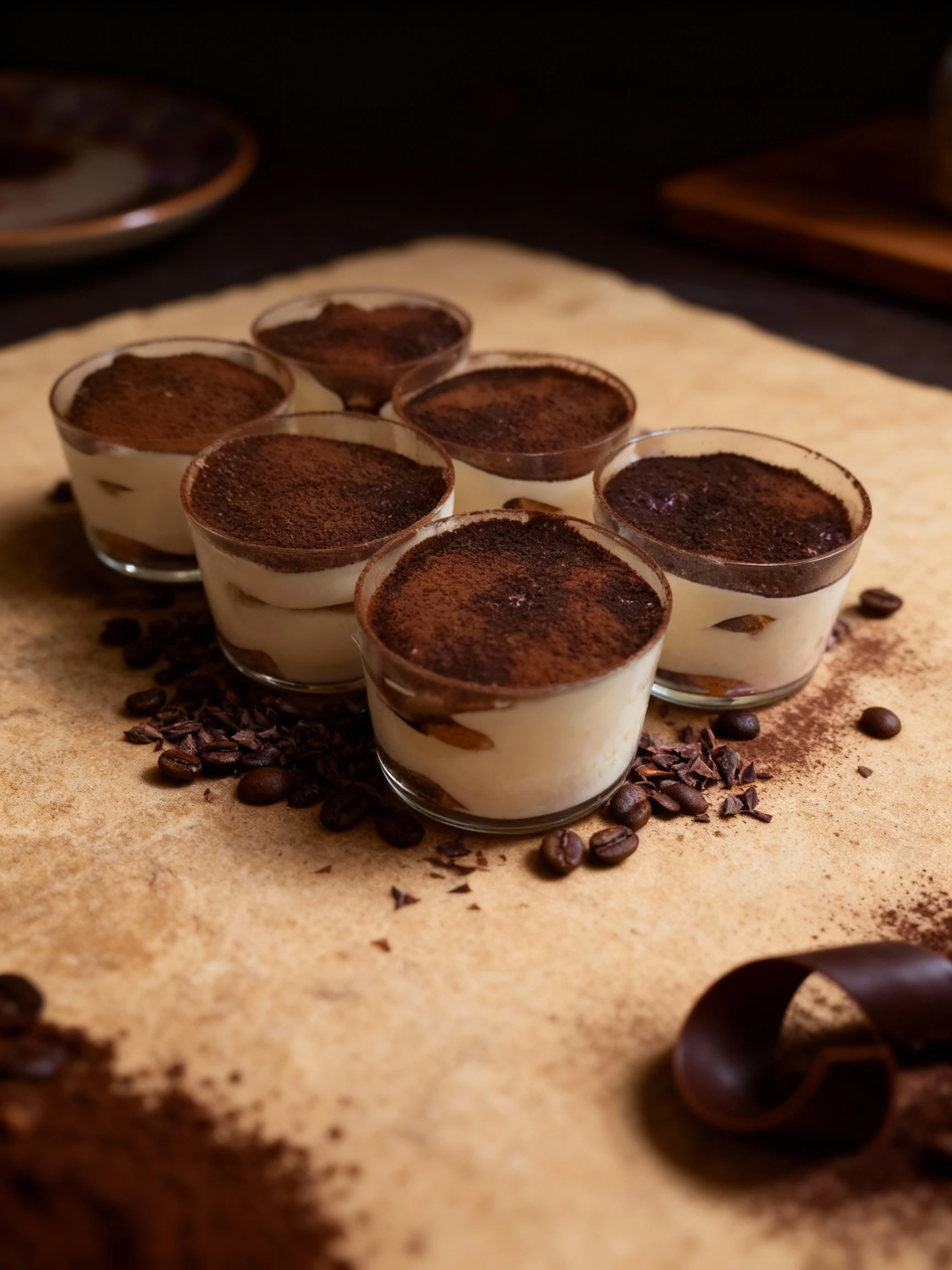Six individual portions of Tiramisu layered with creamy mascarpone filling and coffee-soaked ladyfingers, topped generously with a thick dusting of cocoa powder