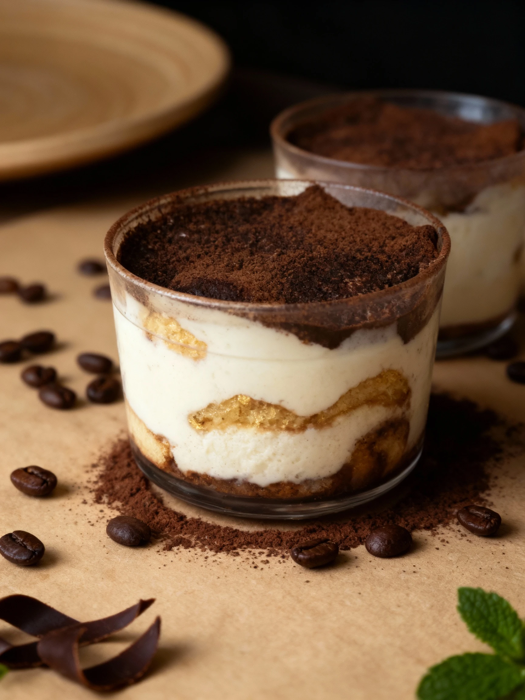 Six individual servings of dessert, likely Tiramisu, are presented in clear plastic cups, generously topped with a dusting of dark cocoa powder.