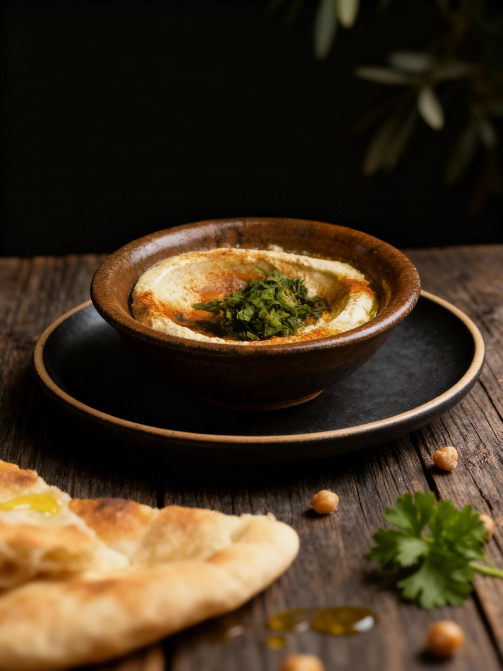 A bowl of creamy hummus or white bean dip, topped with a generous dusting of paprika and a mound of fresh chopped green herbs, served in a rustic earthenware bo