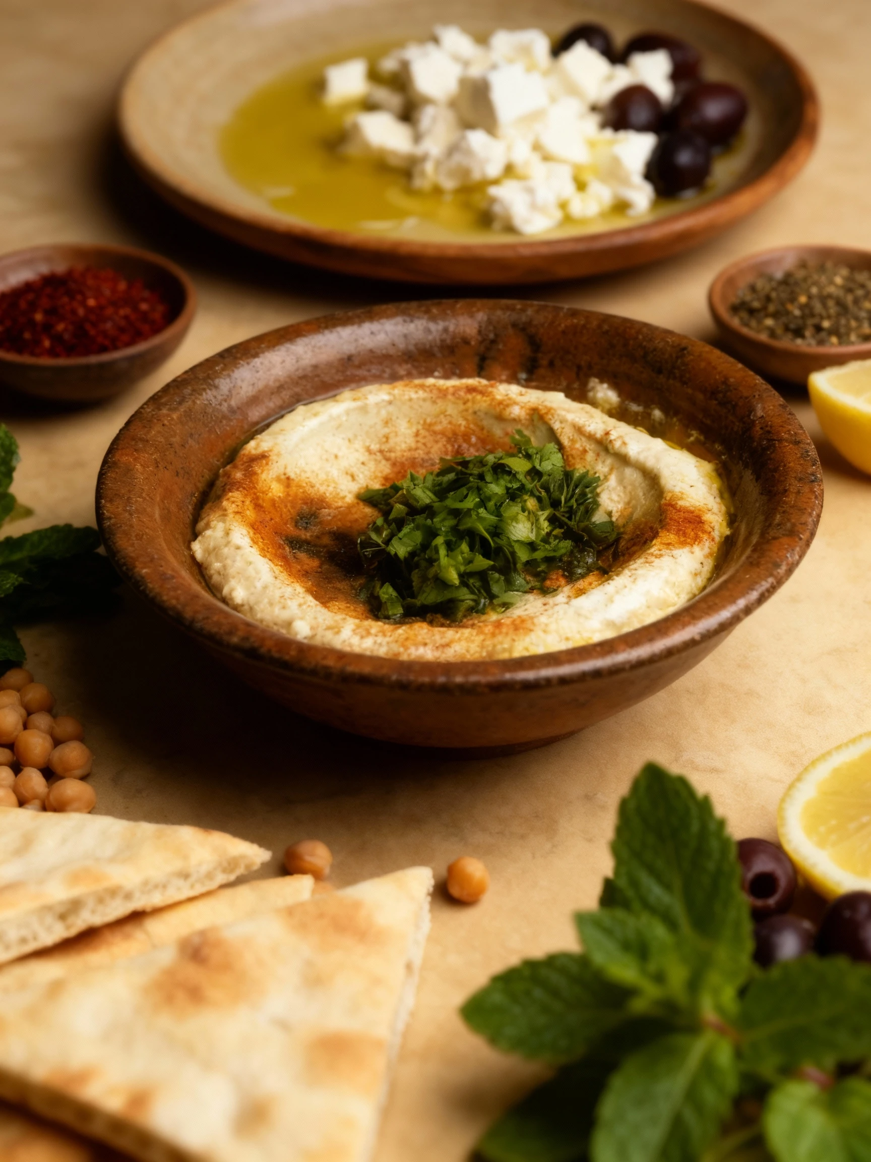 A rustic brown bowl containing a creamy spread, likely hummus or a similar dip, generously dusted with paprika and topped with a mound of chopped fresh parsley,
