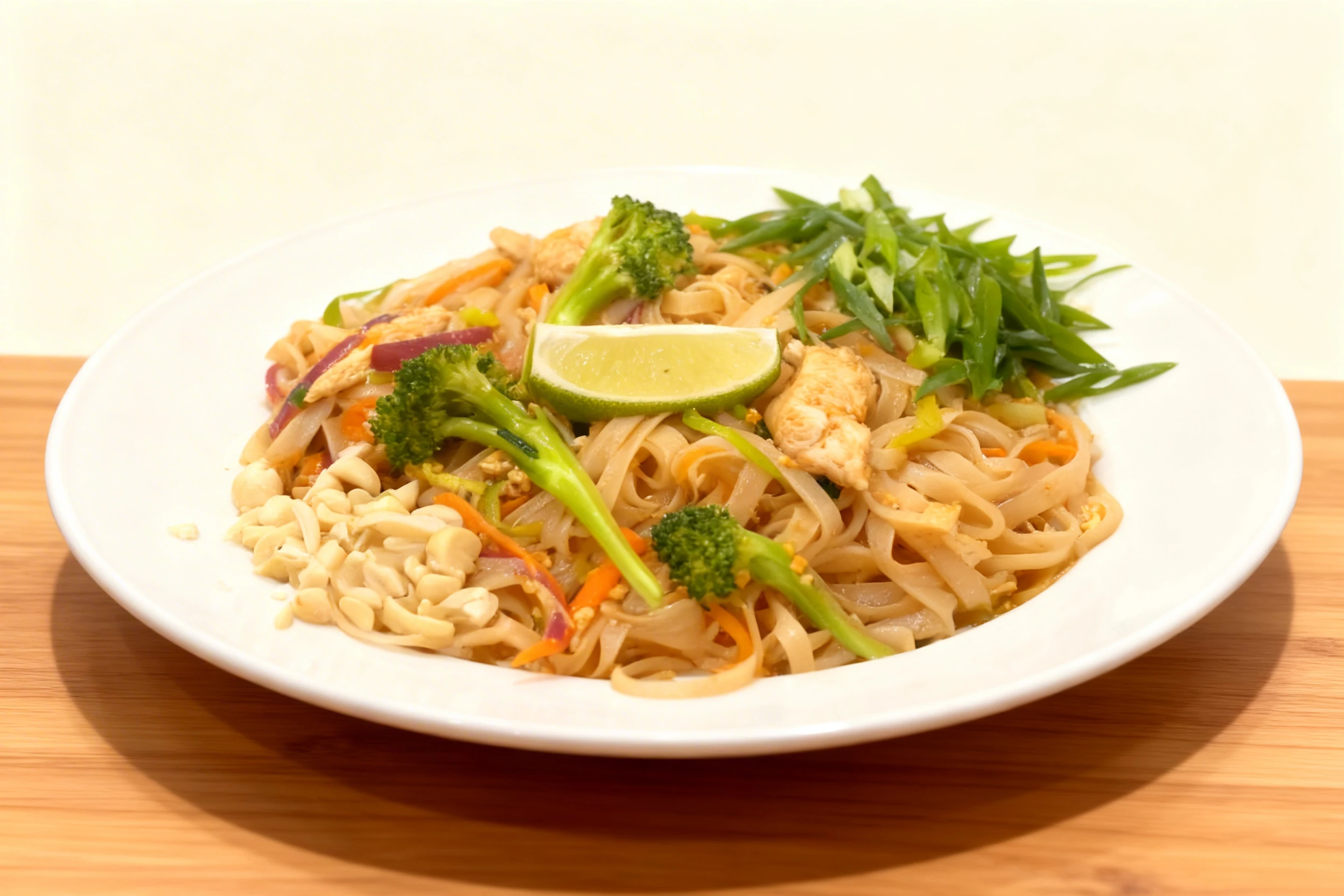 Chicken Pad Thai with flat rice noodles, broccoli florets, sliced carrots, red onions, and crushed peanuts, topped with a lime wedge and a large bunch of sliced