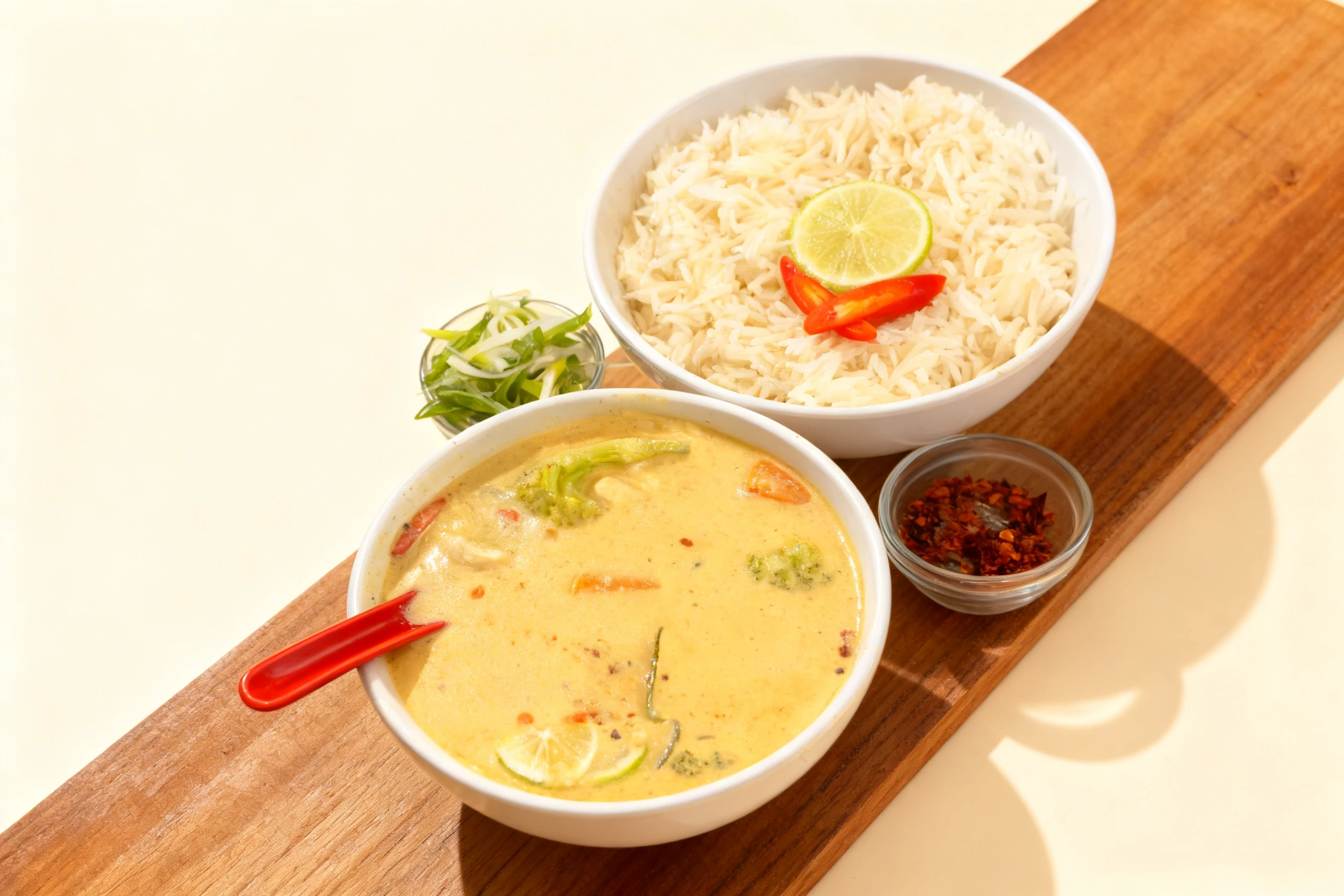 A bowl of yellow coconut curry with broccoli, tomatoes, and lime slices served alongside steamed basmati rice topped with a lime wheel and red chilies.