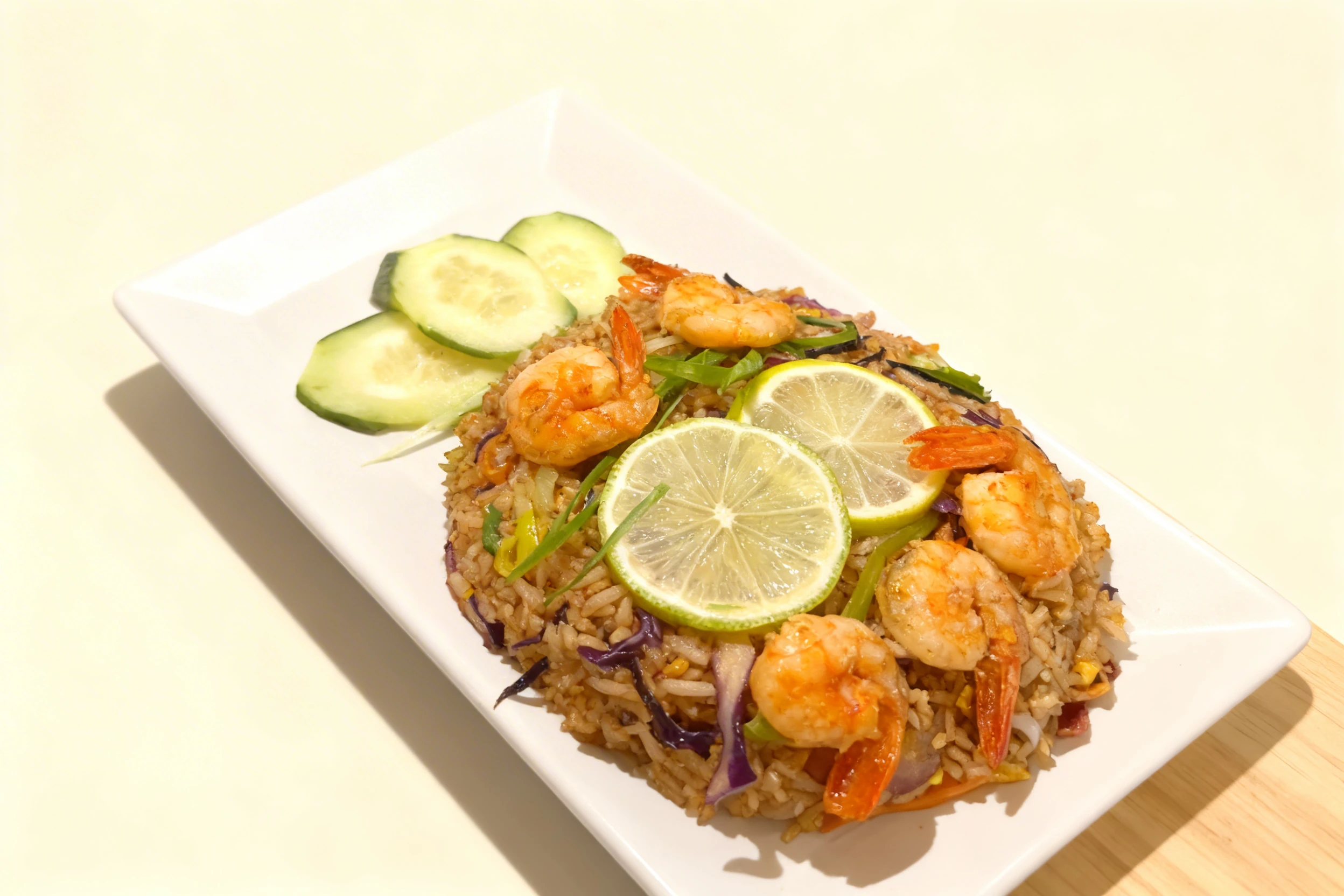 Shrimp fried rice topped with grilled prawns, lime slices, and scallions, served with a side of sliced cucumbers.