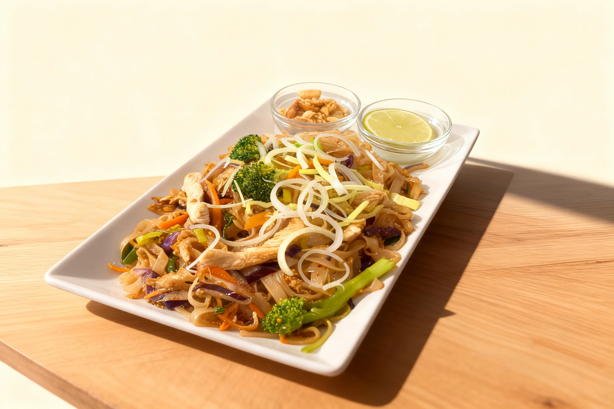 Chicken Pad Thai made with wide rice noodles, chicken strips, broccoli, carrots, and purple cabbage, topped with sliced scallions. It is served on a white recta