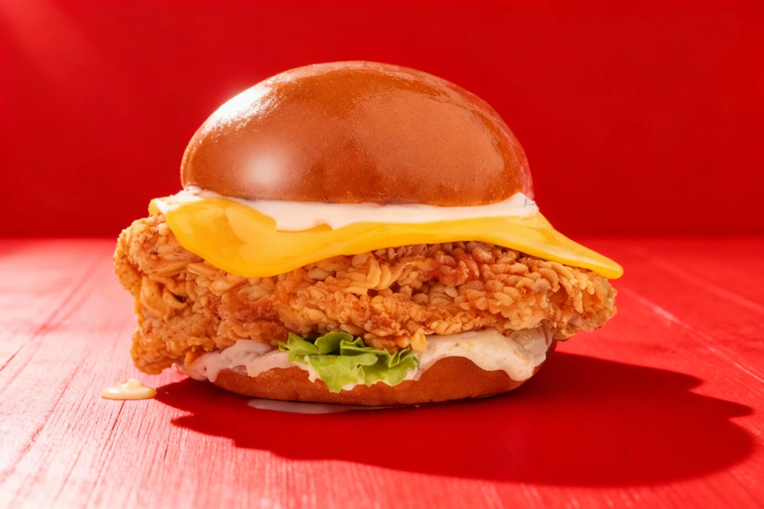 A fried chicken sandwich served on a glossy brioche bun, featuring a large, heavily battered chicken fillet, a slice of bright yellow processed cheese, fresh le