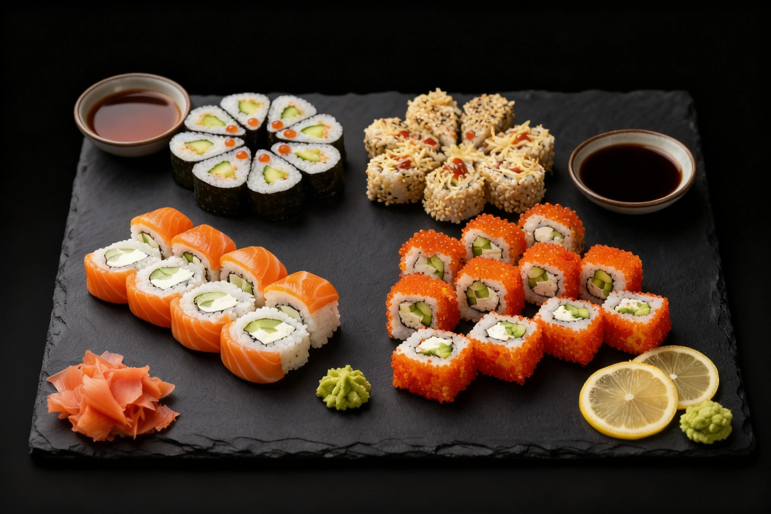 A sushi platter featuring salmon rolls with cream cheese and cucumber, uramaki topped with fish roe, sesame-crusted rolls with shredded cheese, and maki arrange
