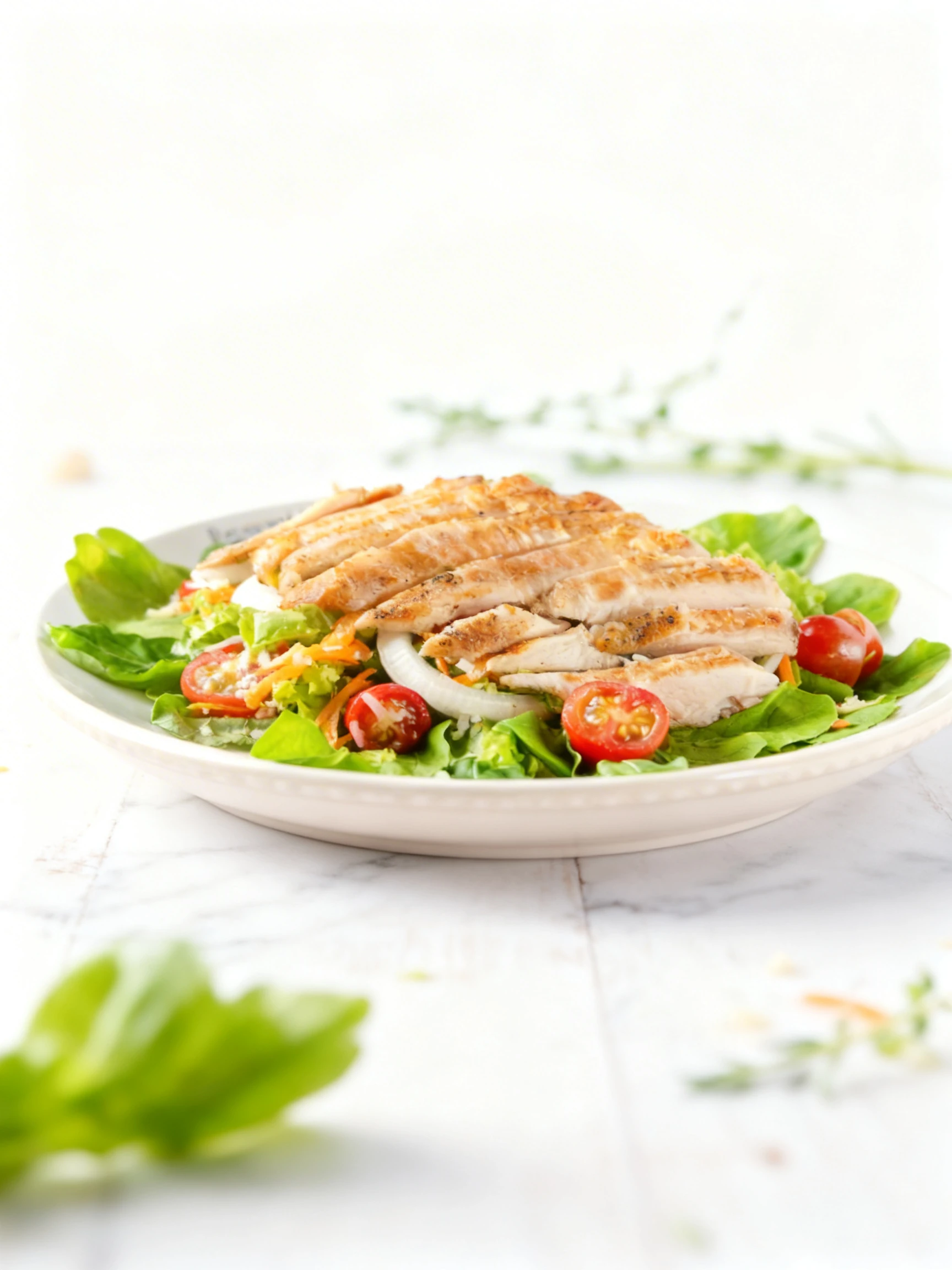 Grilled chicken salad featuring sliced chicken breast served over a bed of mixed greens, cherry tomatoes, shredded carrots, and white onion rings.