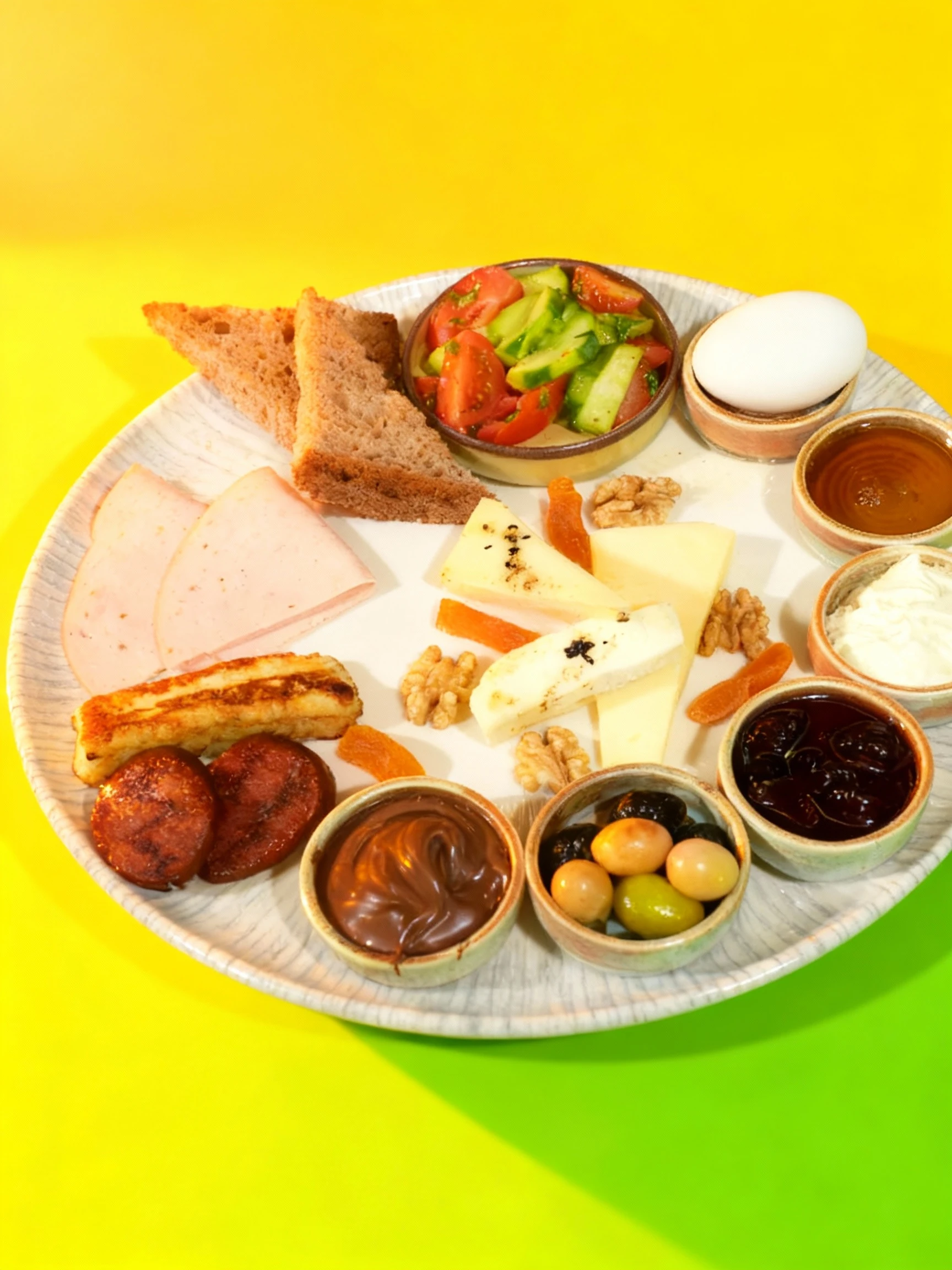 This is a comprehensive Turkish-style breakfast platter featuring sliced deli meat, pan-fried sucuk, halloumi, various cheeses, and a hard-boiled egg. The plate