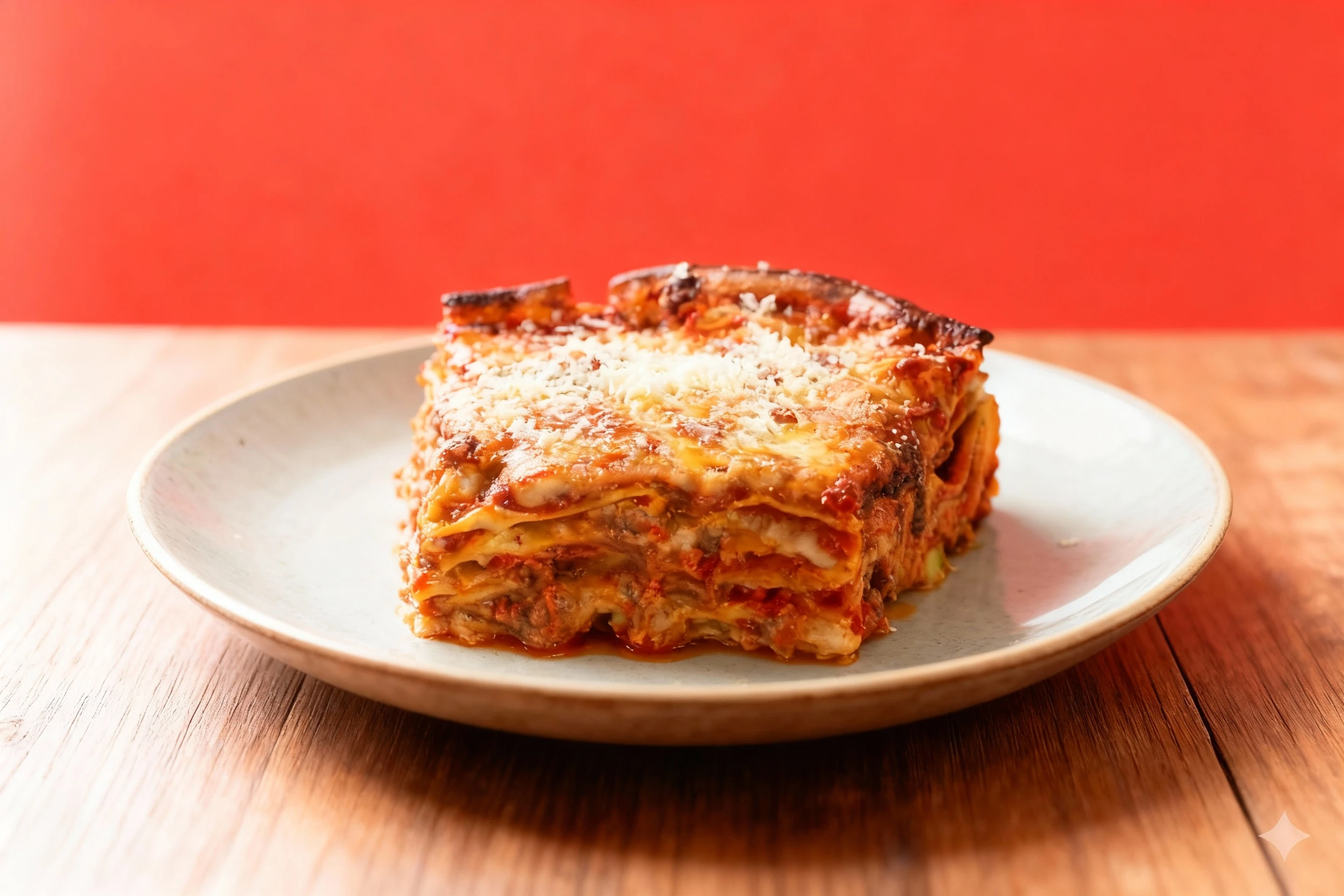 A square slice of multi-layered beef lasagna topped with melted cheese, tomato sauce, and a dusting of grated parmesan.