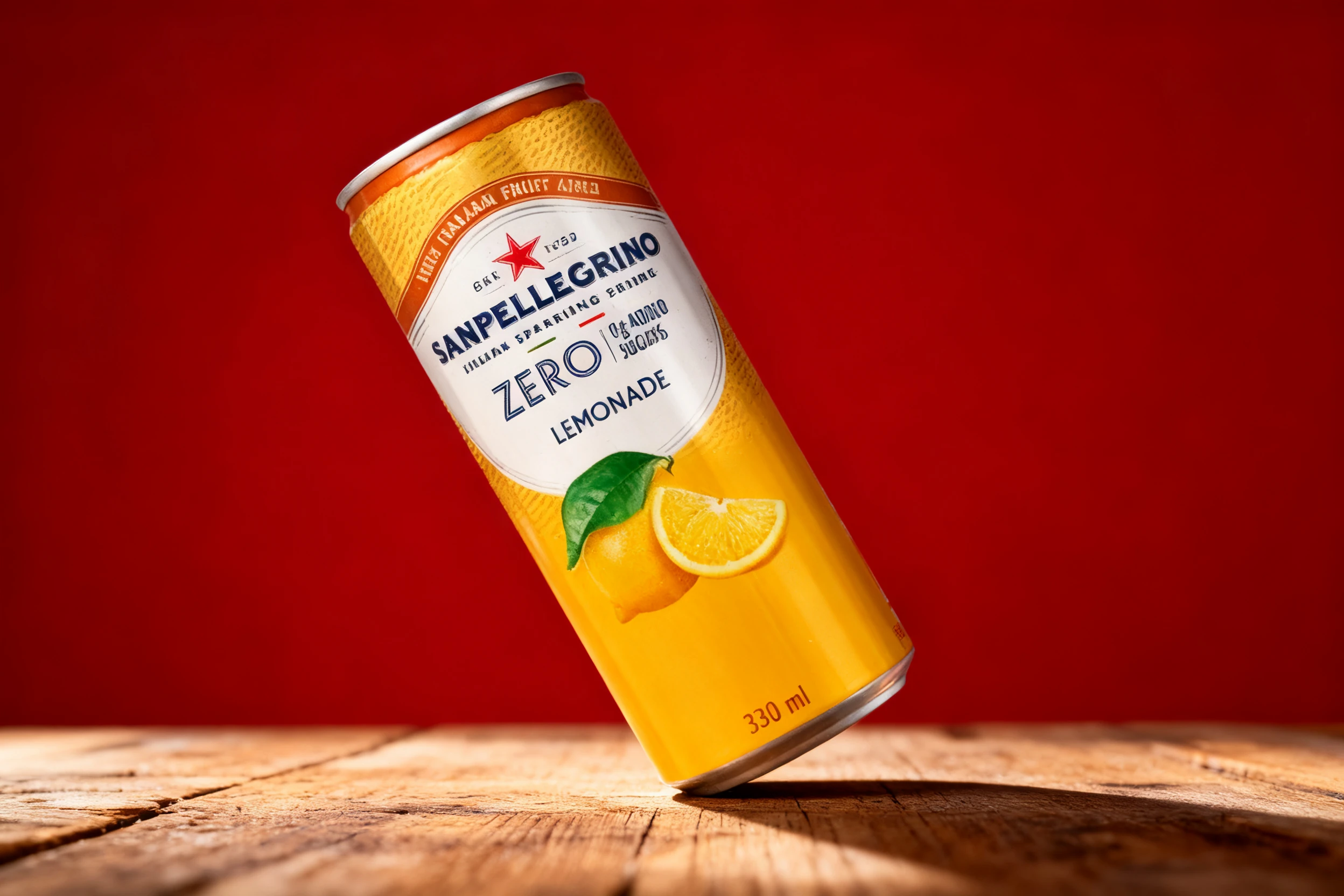 A 330ml slim aluminum can of Sanpellegrino Zero Lemonade sparkling drink.