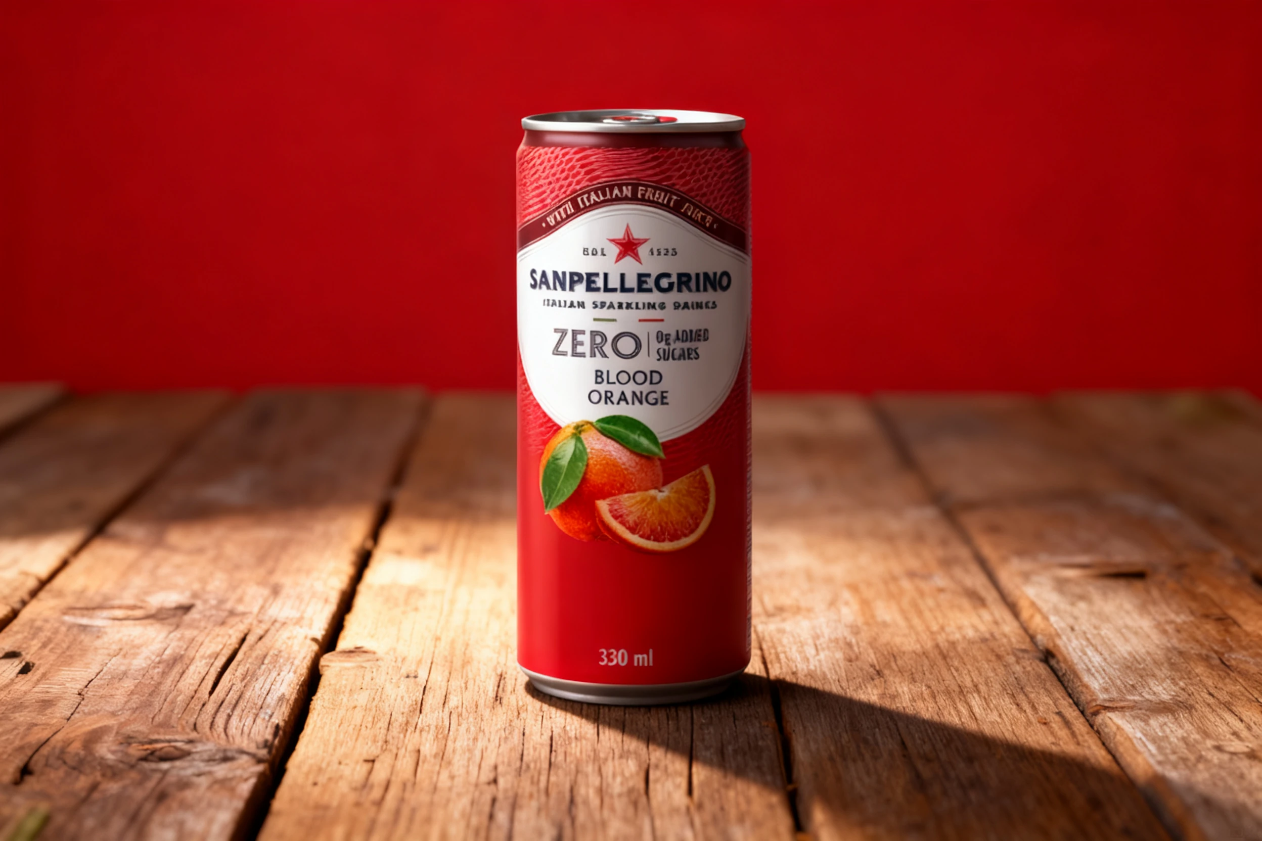 A 330ml can of Sanpellegrino Zero Blood Orange sparkling drink featuring an illustration of a whole and sliced blood orange.