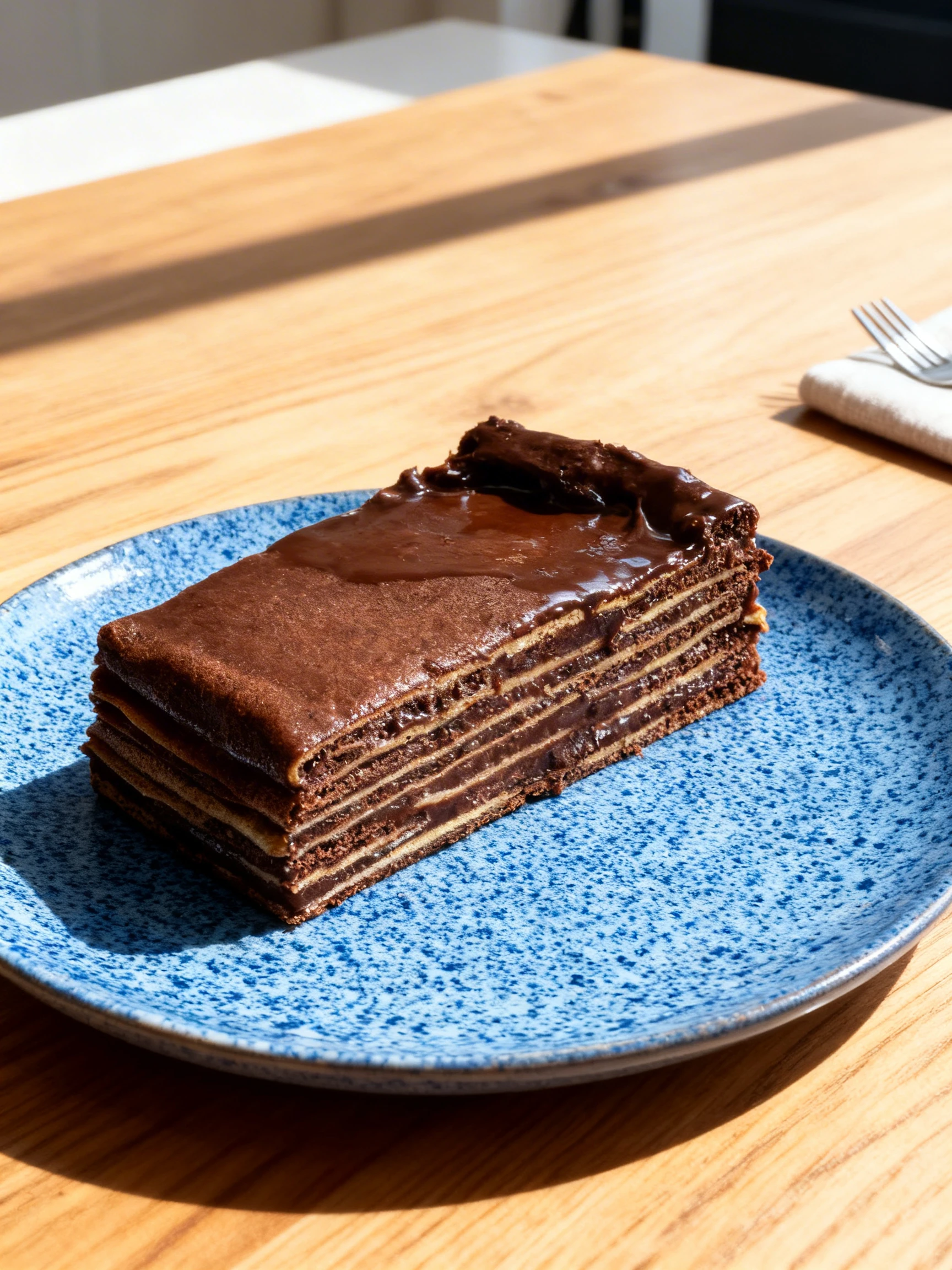Layered chocolate crepe cake filled with dark chocolate ganache and topped with a glossy chocolate glaze.
