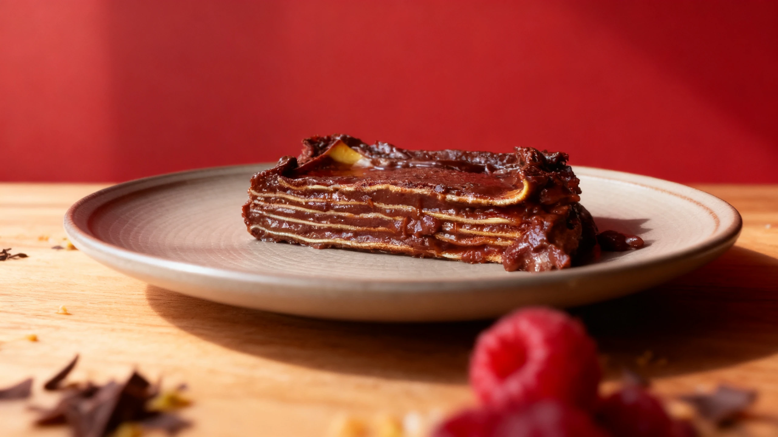 A rectangular slice of a multi-layered crepe cake filled with rich chocolate cream and topped with a glossy chocolate glaze.