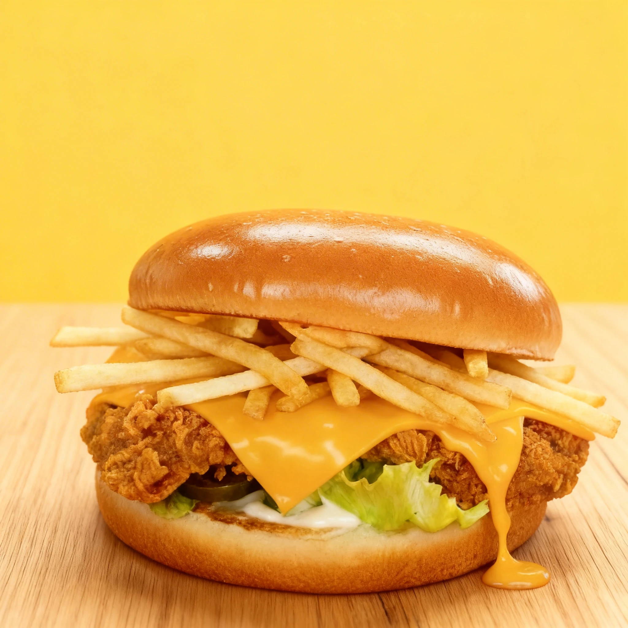 Crispy fried chicken burger topped with melted cheddar cheese sauce, a layer of thin french fries, lettuce, and pickles on a brioche bun.
