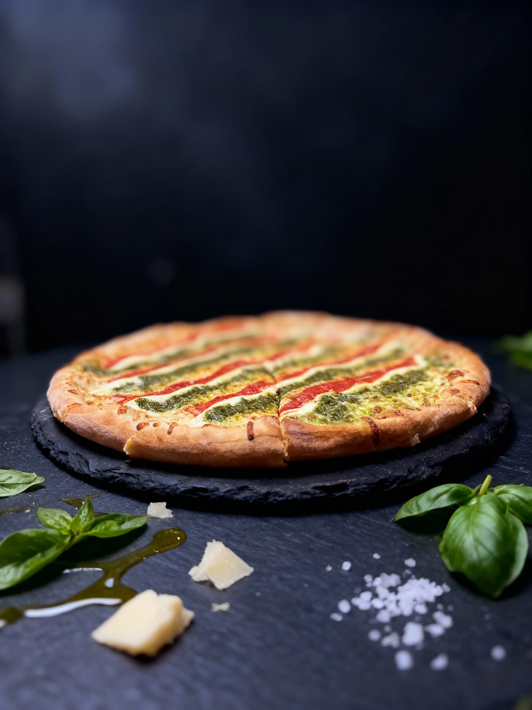 A sliced pizza featuring a vibrant tricolor design with diagonal stripes of melted mozzarella, bright tomato sauce, and green pesto, all on a golden, airy crust