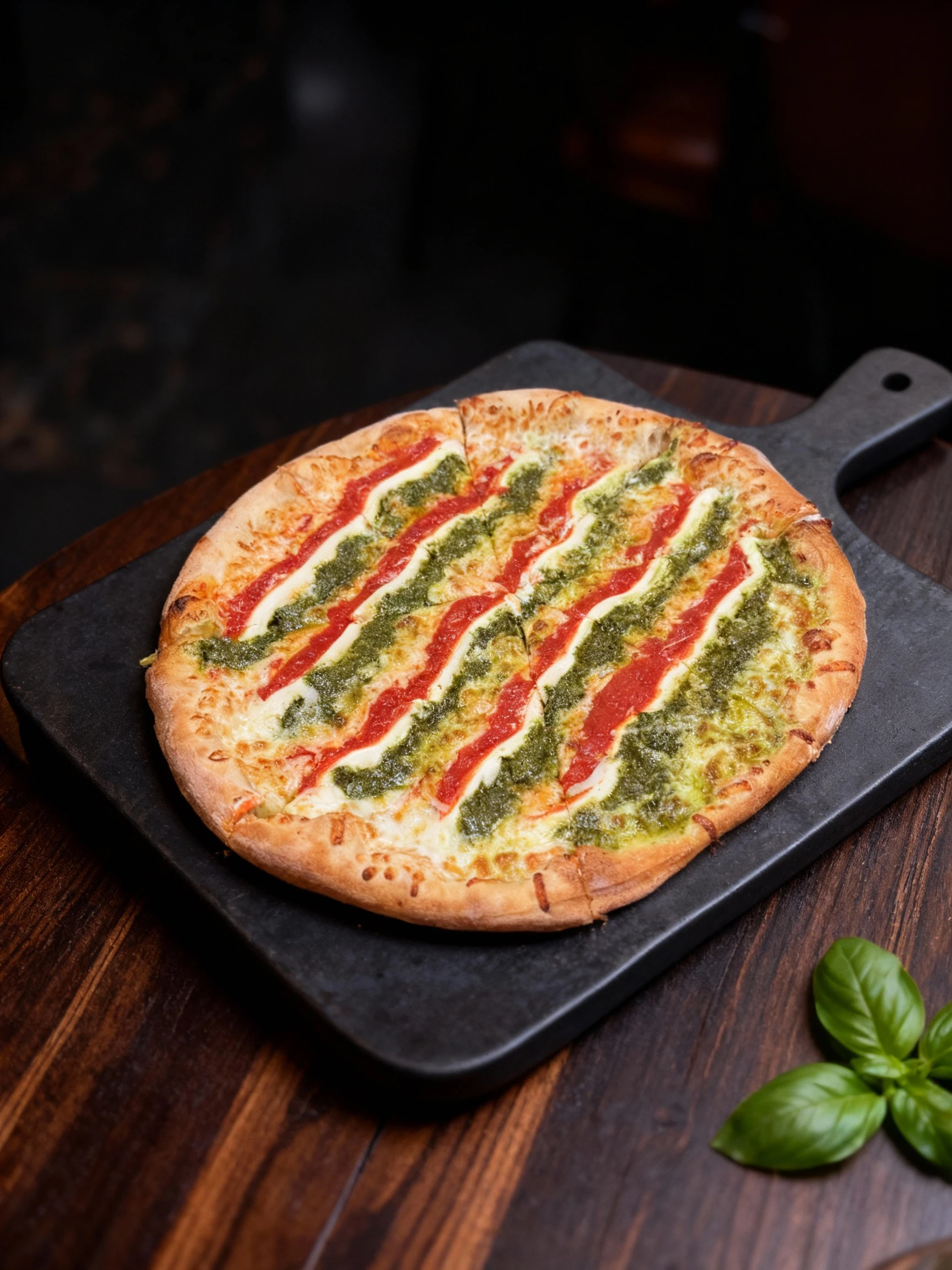 A sliced pizza featuring a vibrant, striped topping arrangement of red tomato sauce, melted white cheese (likely mozzarella), and green pesto, resting on a perf