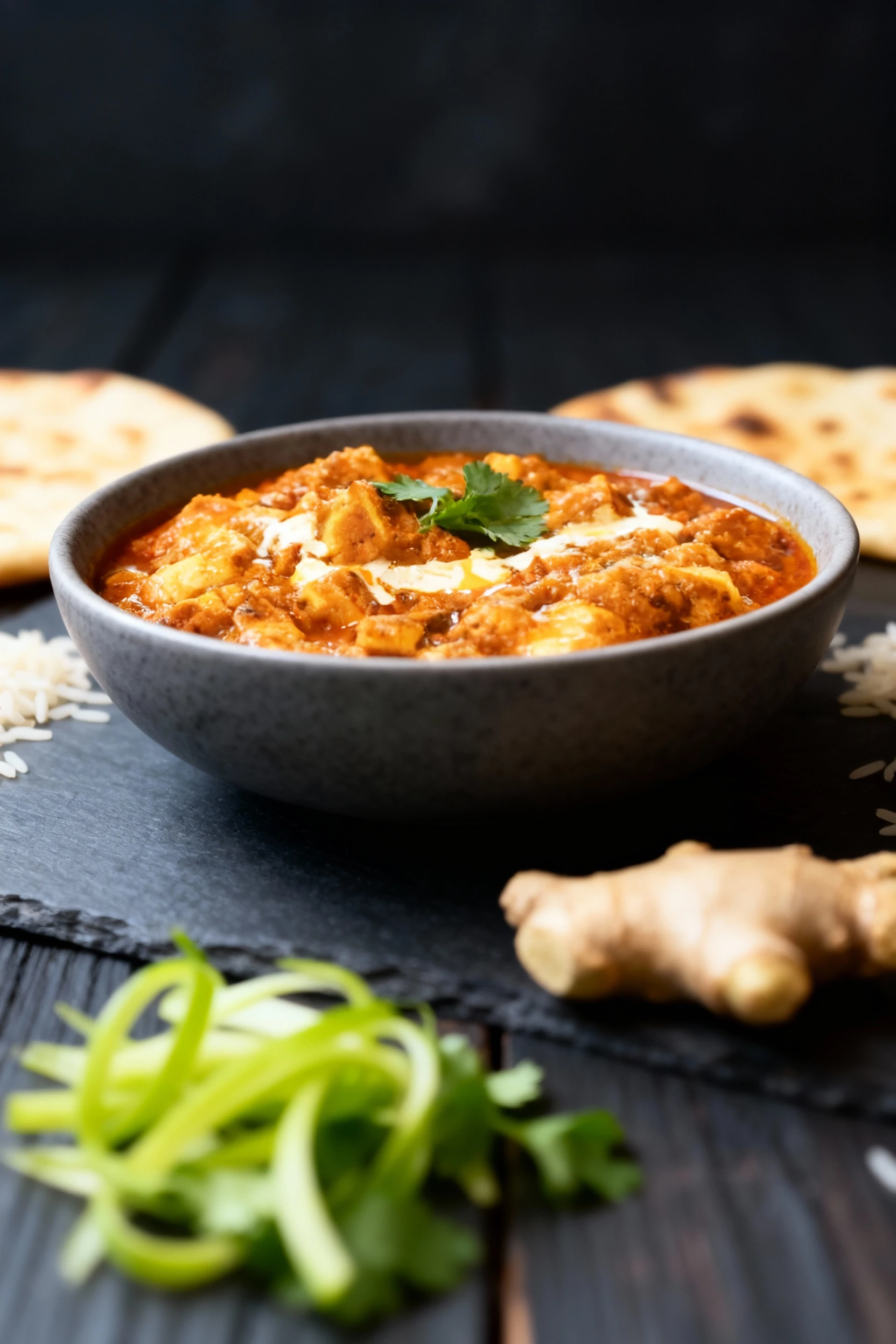 A traditional Indian curry, likely Paneer Masala, featuring rich cubed cheese submerged in a thick, deeply spiced tomato-based gravy, finished with a drizzle of