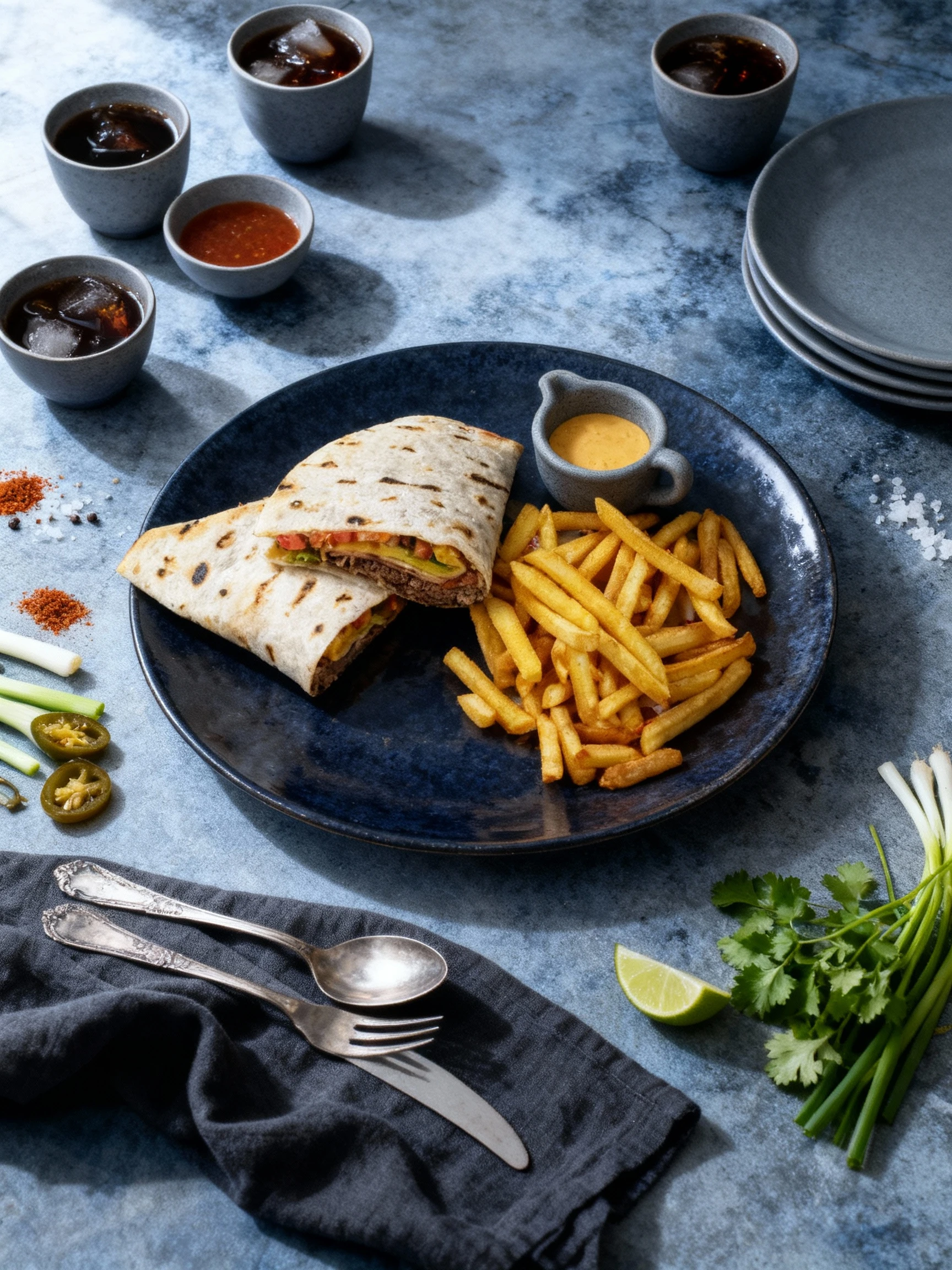 A cut wrap or burrito filled with sliced meat, melted yellow cheese, tomatoes, and greens, served alongside a pile of golden french fries and a side of dipping