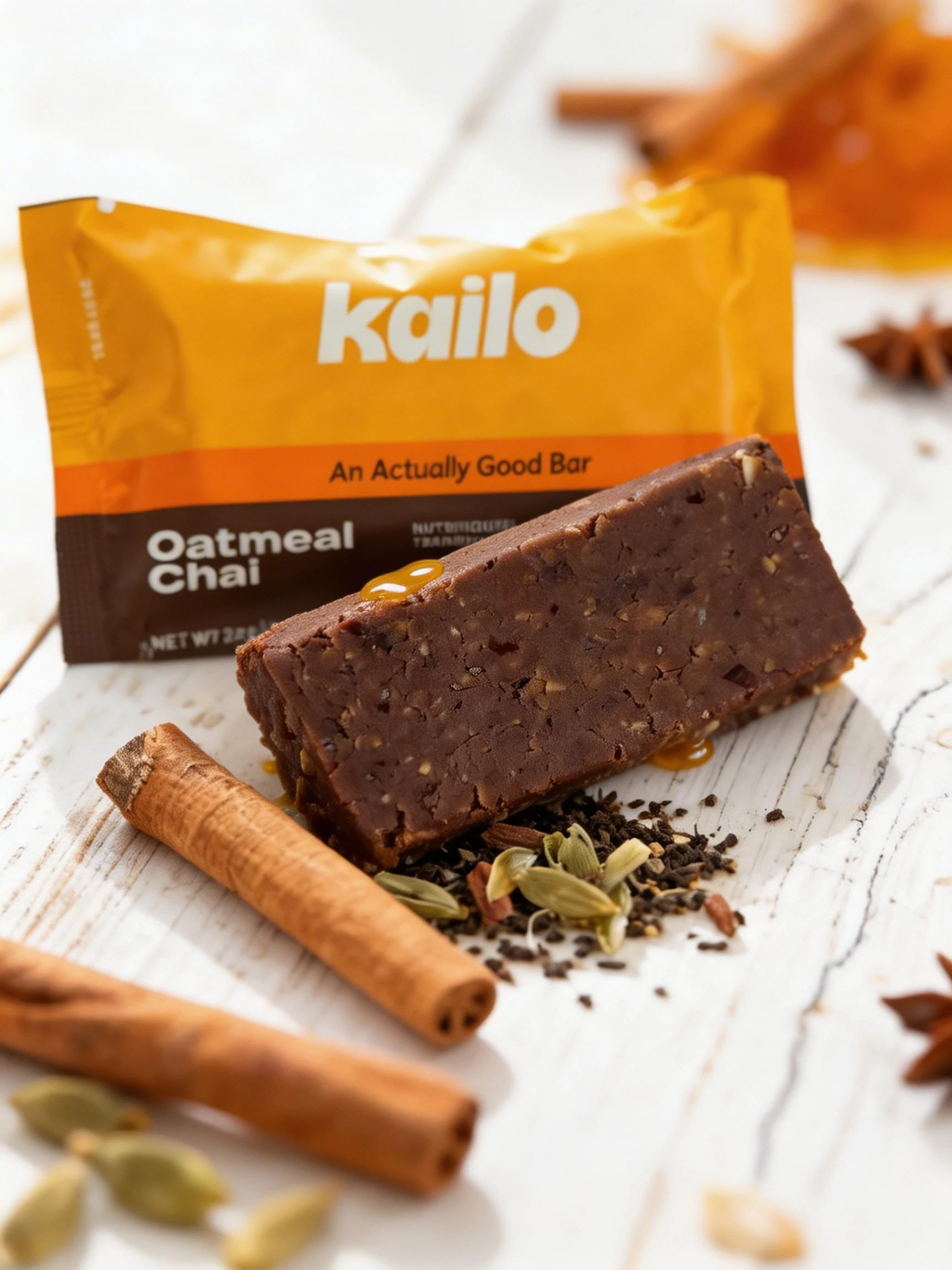 An Oatmeal Chai snack bar containing oats, seeds, and nuts, displayed next to its branded packaging with a cinnamon stick, cardamom pods, and loose tea leaves.