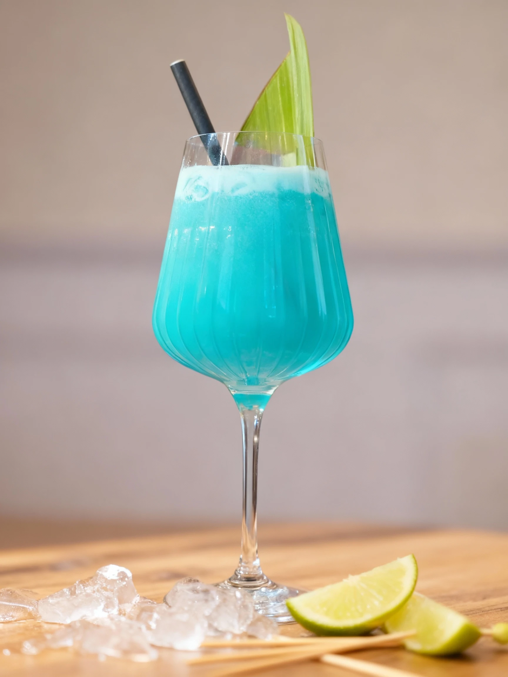 A vibrant blue cocktail served in a stemmed, ribbed wine glass, garnished with a broad green slice and a dark straw, presented on a patterned bar mat.