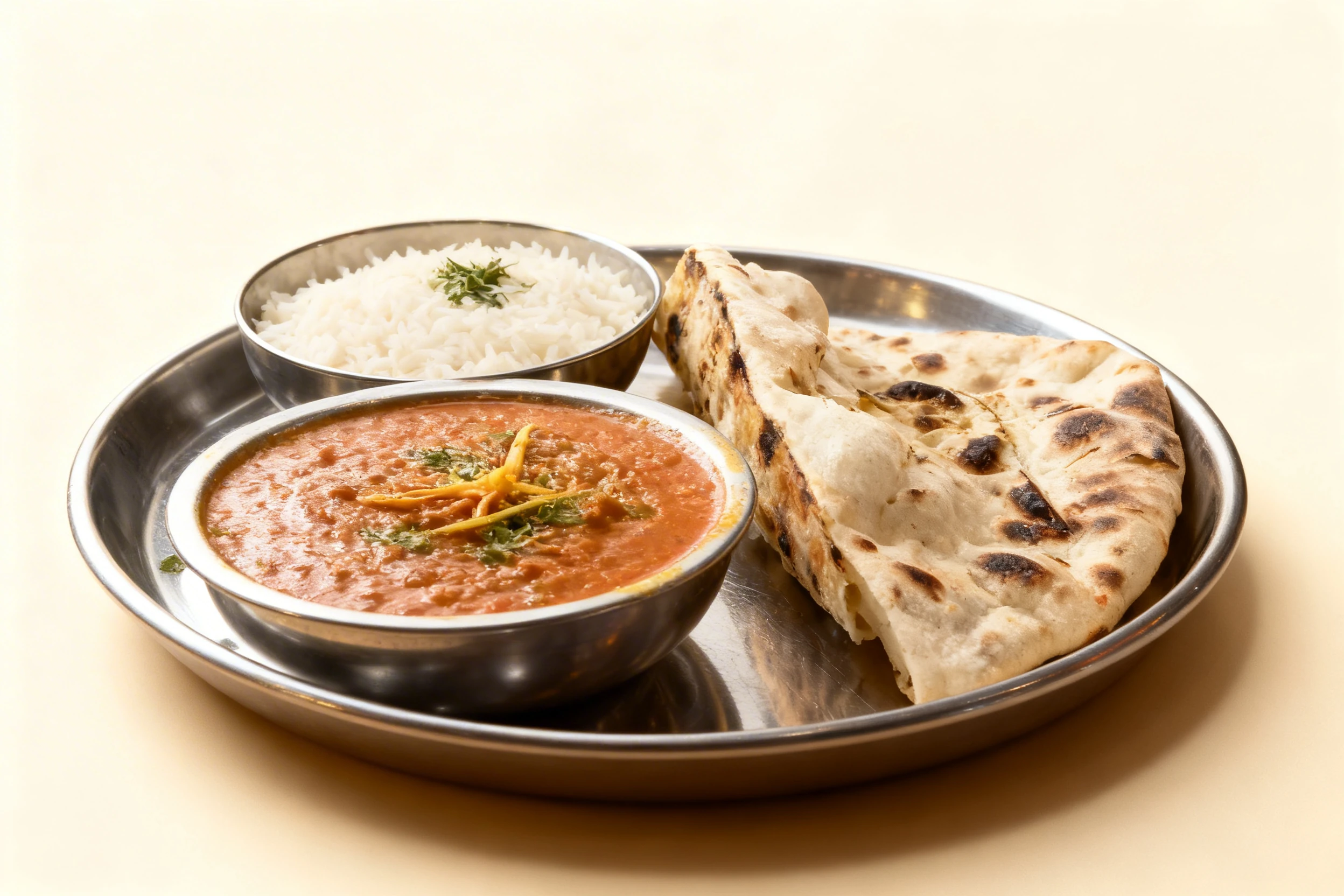 Indian meal served on a metal thali platter featuring a thick tomato-based curry topped with ginger julienne and herbs, steamed basmati rice, and charred naan b