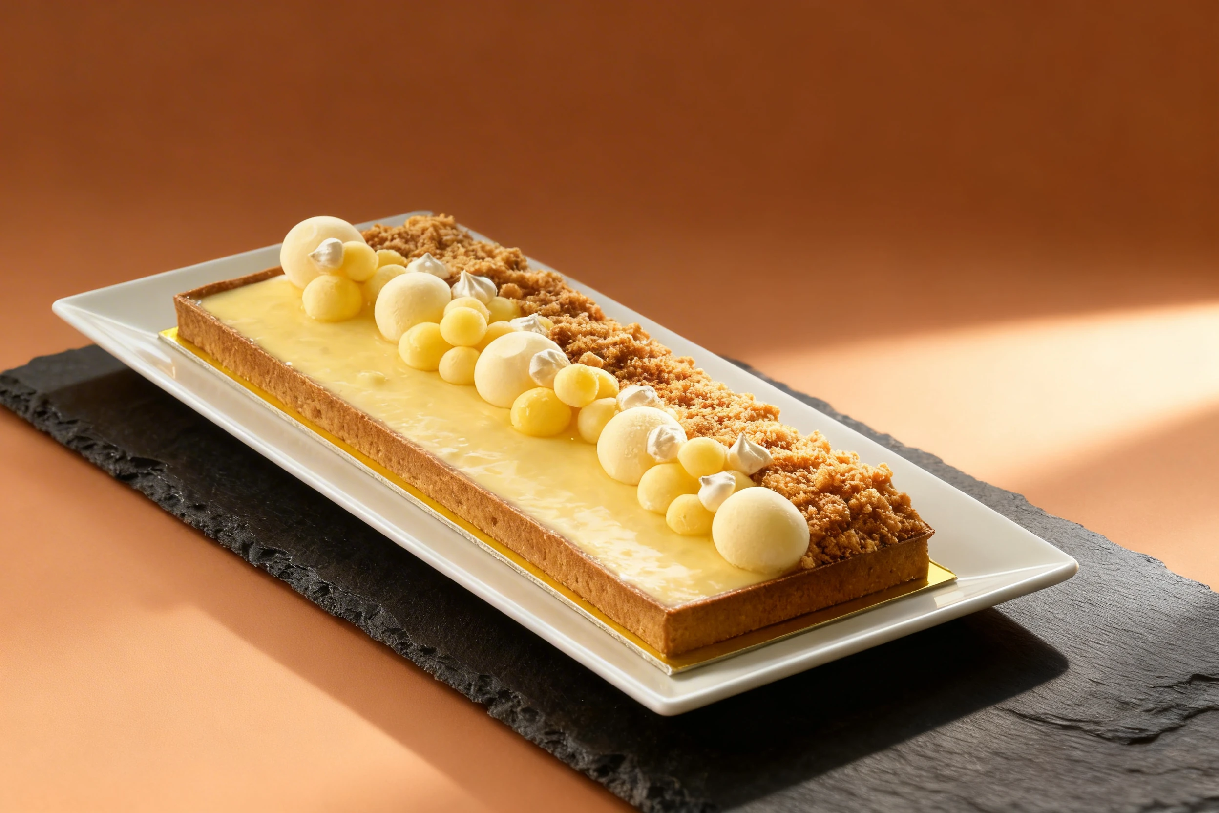 Rectangular lemon tart featuring a smooth citrus curd base, topped with spheres of mousse, mini meringues, and a thick row of toasted crumble.