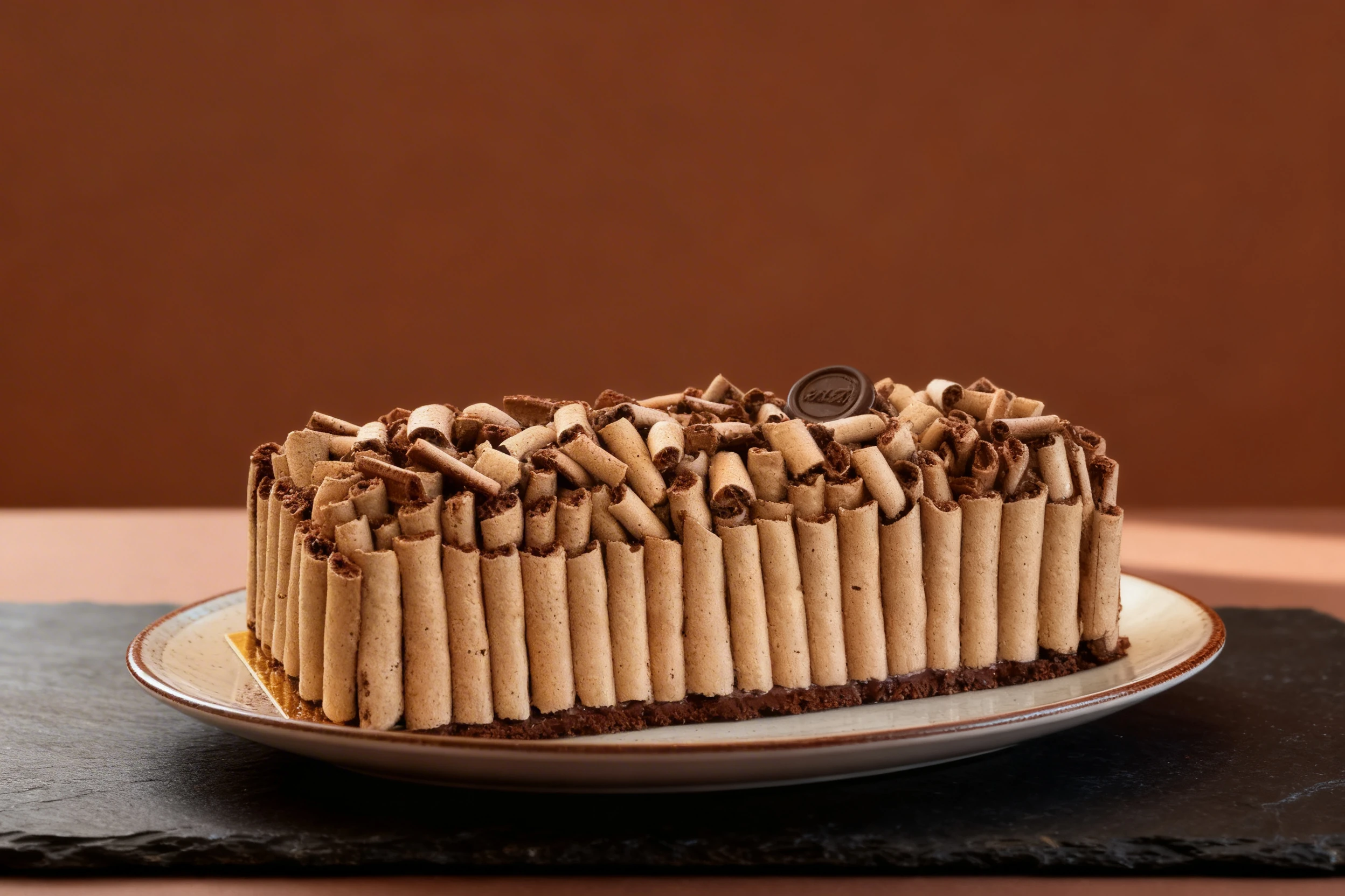 A rectangular chocolate cake covered in vertical and scattered cocoa wafer rolls, topped with a decorative chocolate seal.