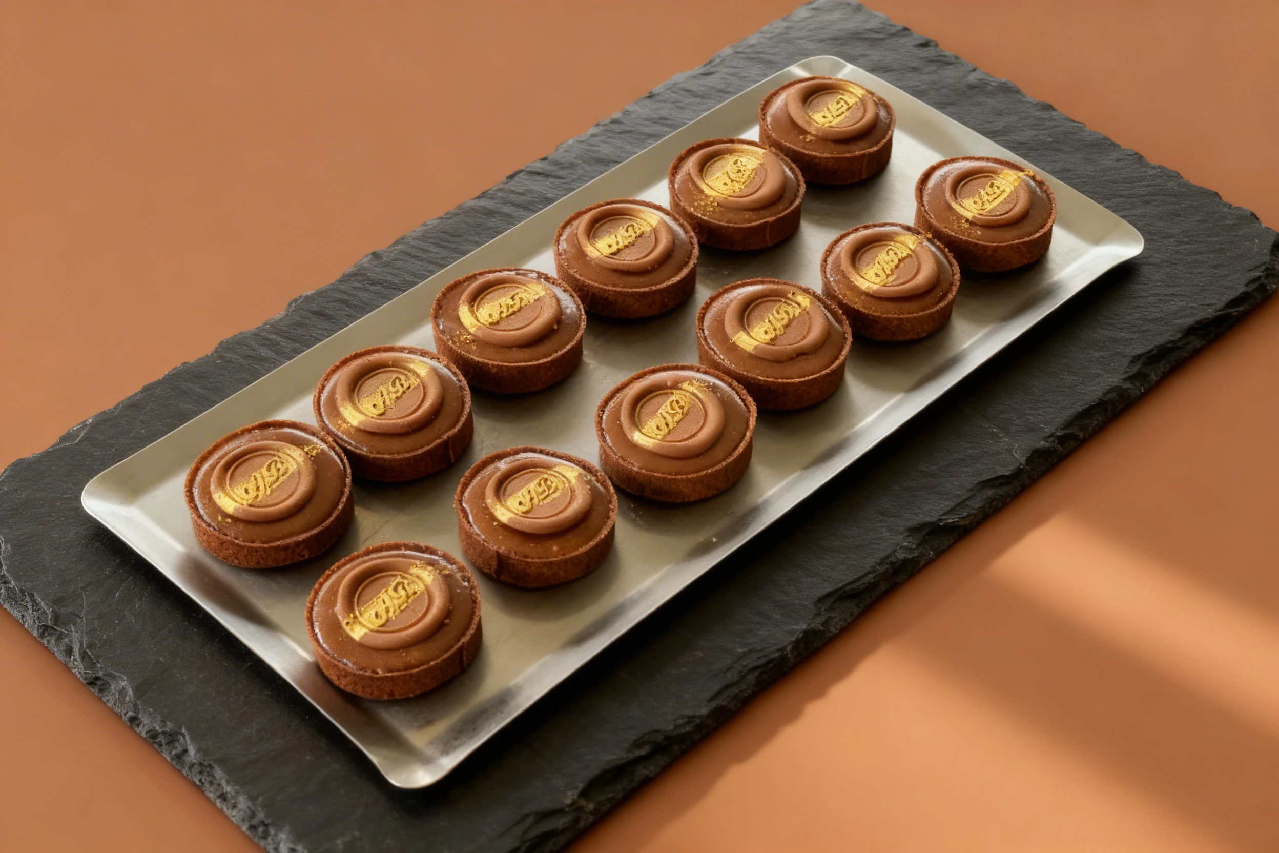 A tray of chocolate ganache tarts featuring concentric circular designs and gold-stamped medallions on top.