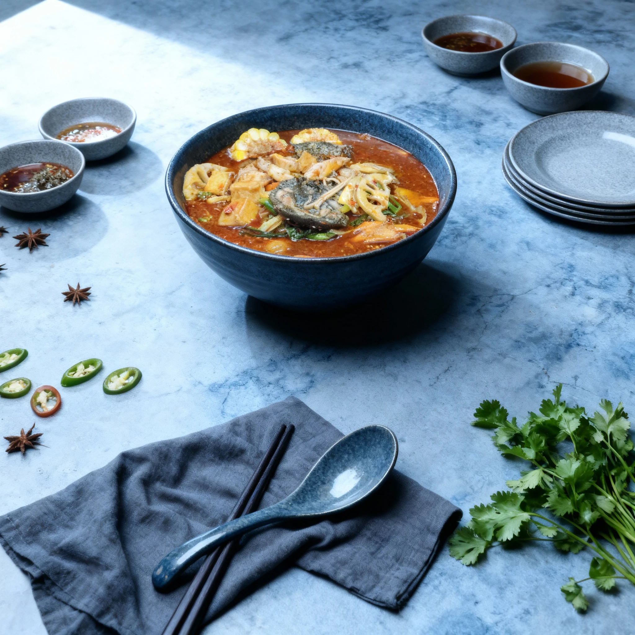 A spicy hot pot with sliced lotus root, corn on the cob, enoki mushrooms, and tofu simmered in a red chili broth.
