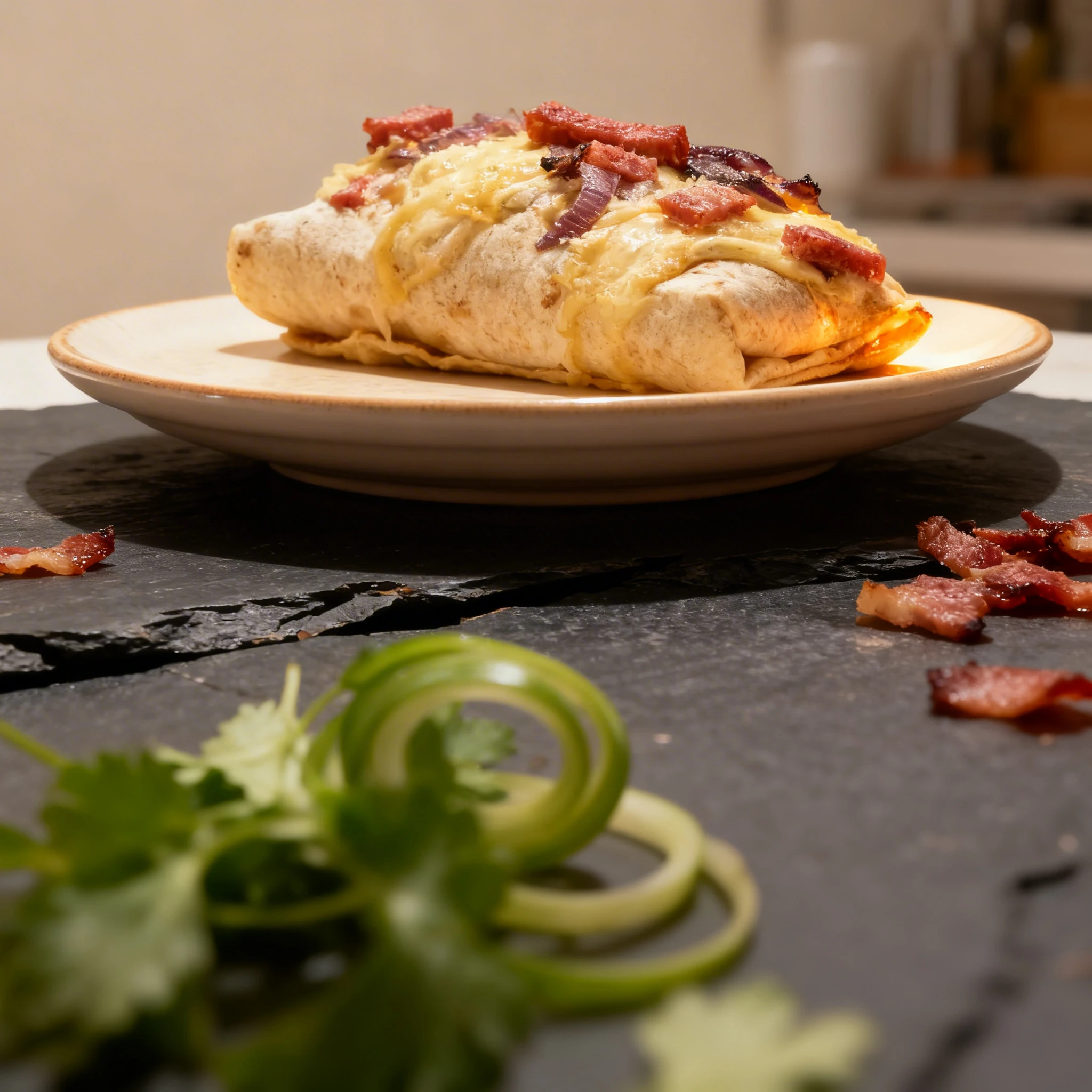 A toasted flour tortilla wrap topped with melted cheese, thick-cut bacon lardons, and charred red onions.