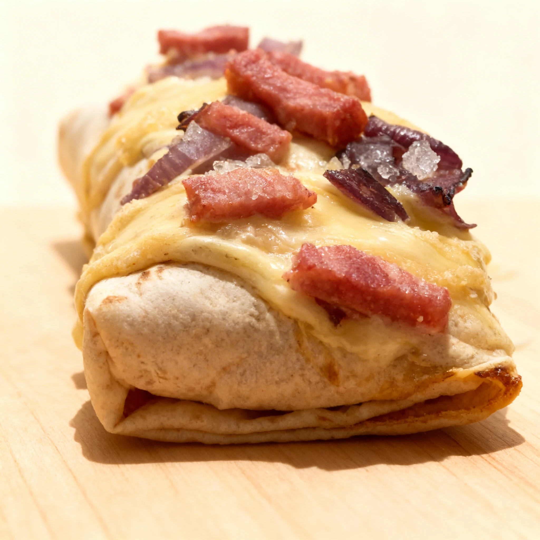 A long flour tortilla wrap topped with melted cheese, pieces of red onion, and small chunks of ham or bacon.