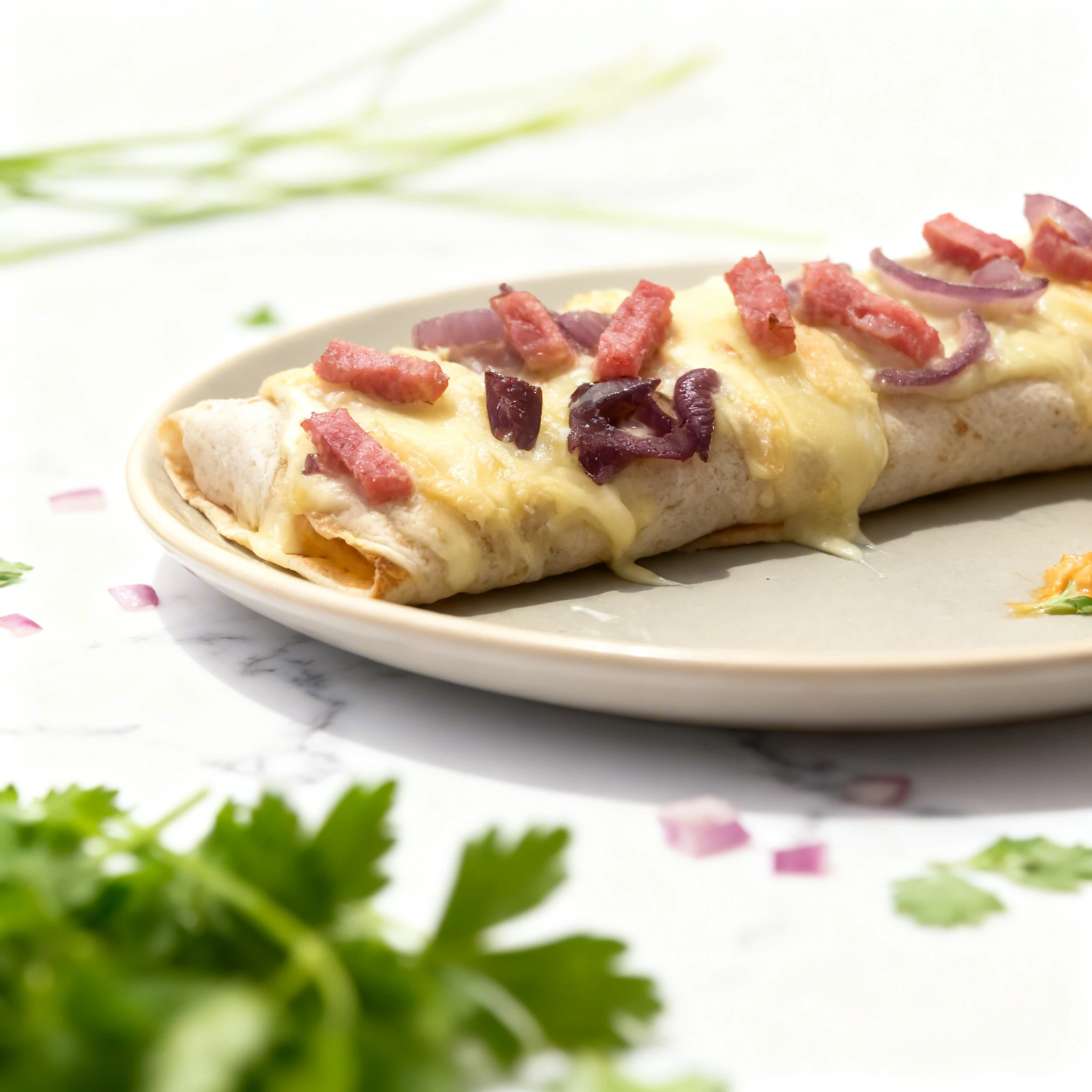 A large flour tortilla wrap topped with melted cheese, pieces of red onion, and diced cured meat or bacon.
