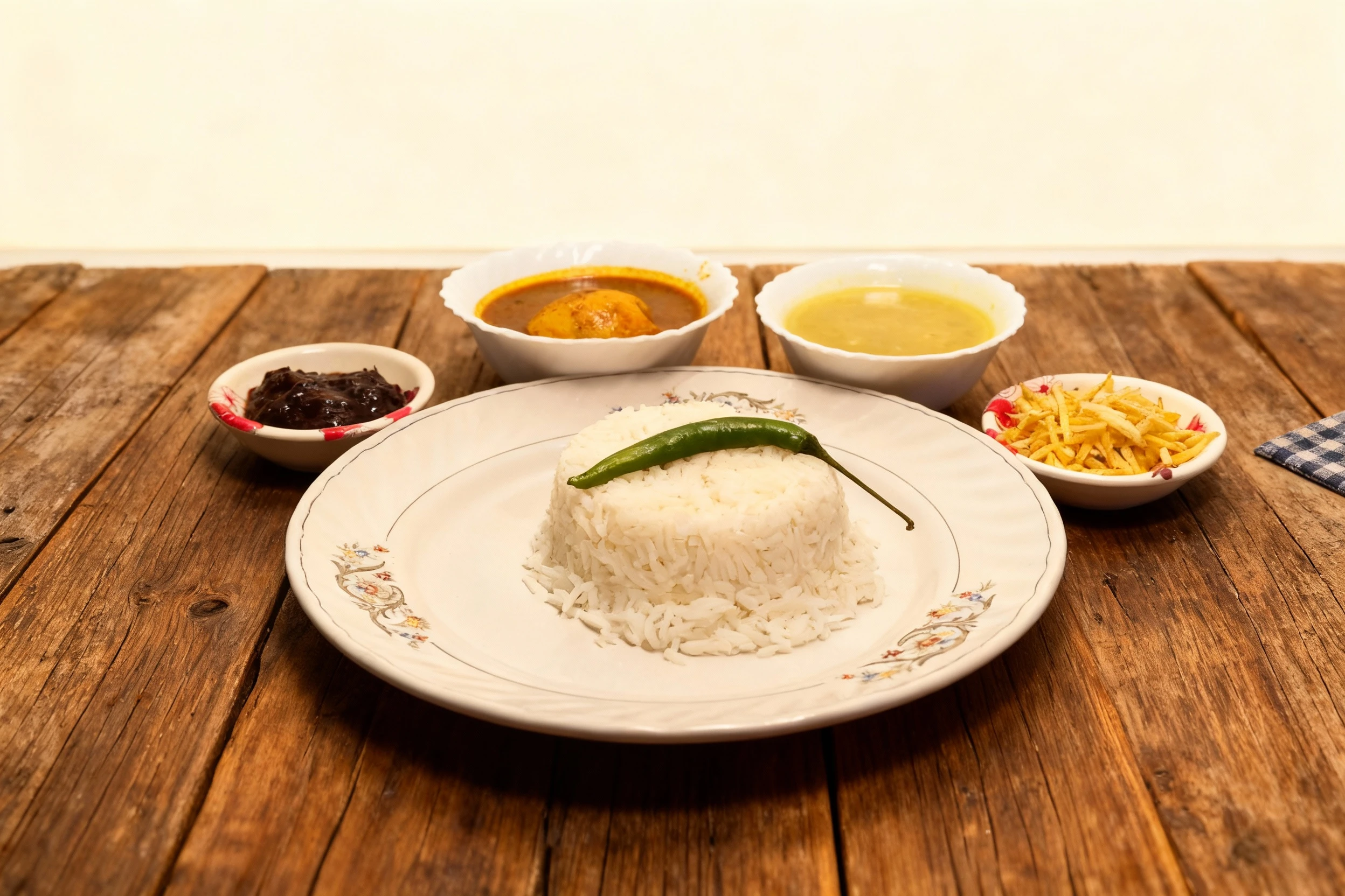 Traditional Bengali meal featuring steamed white rice topped with a whole green chili, accompanied by egg curry, dal, dark chutney, and crispy potato sticks (Jh