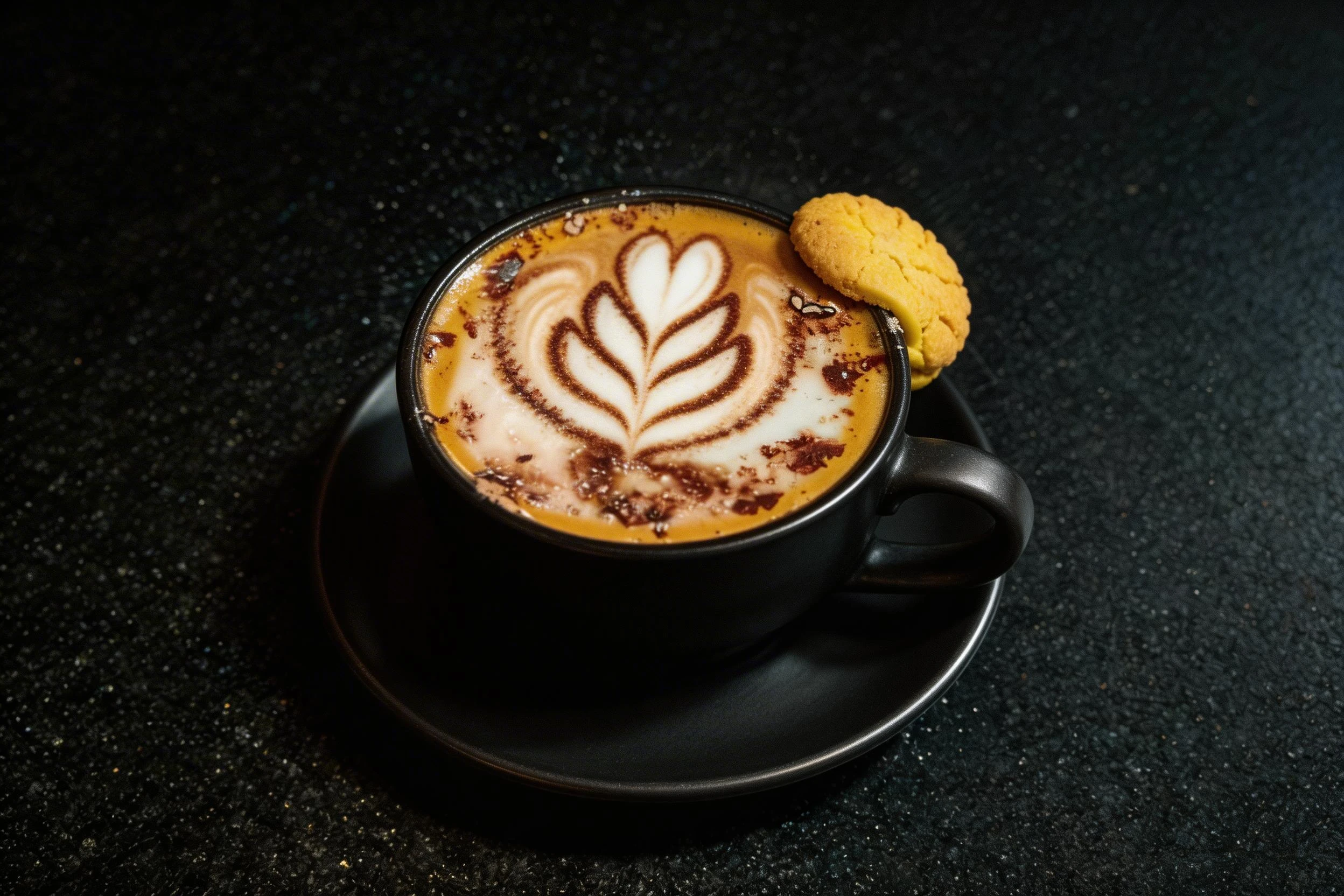 A cup of cappuccino or latte topped with frothed milk foam and a cocoa powder heart design.