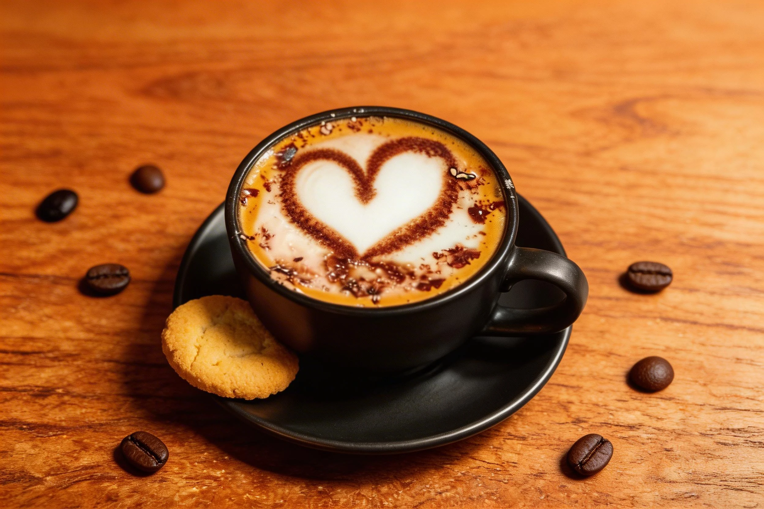A cup of cappuccino or latte topped with frothed milk foam and a cocoa powder heart design.