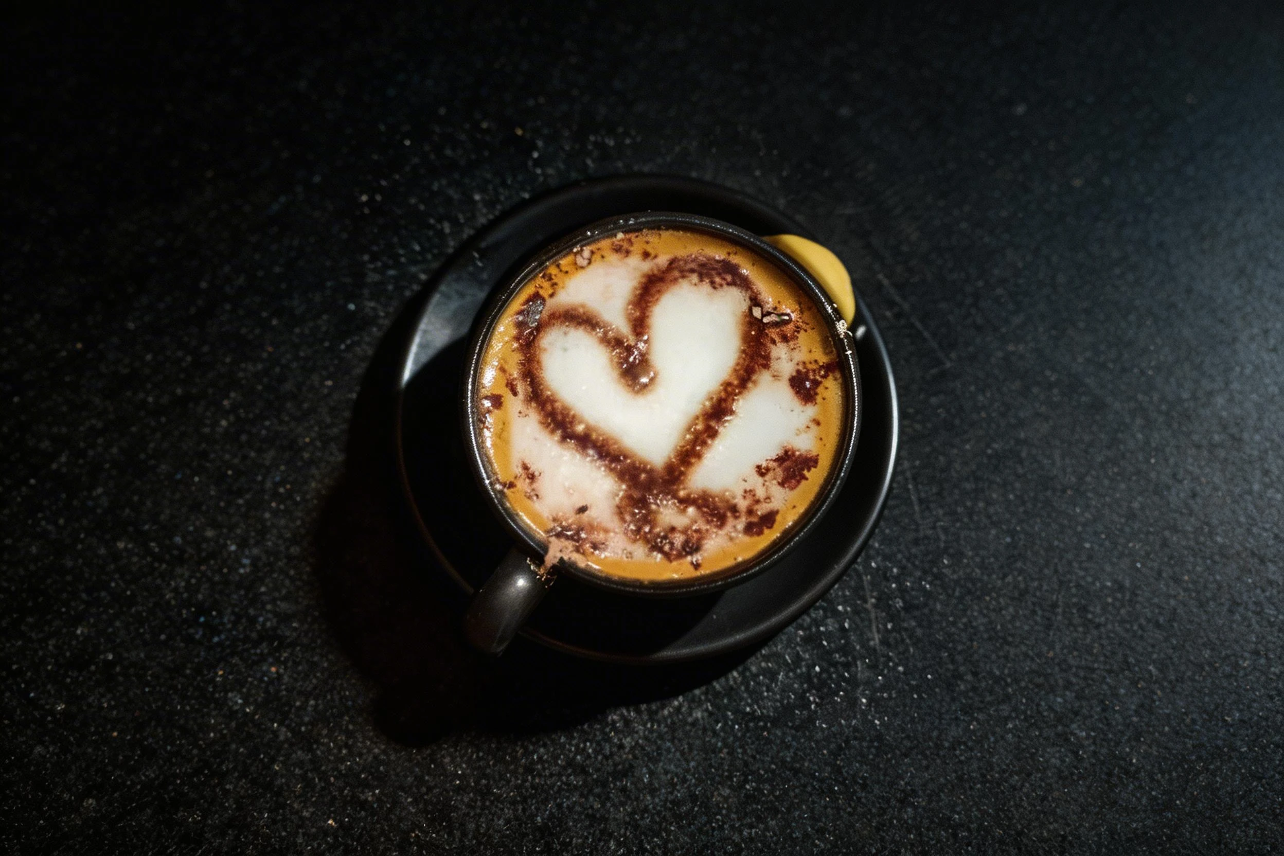 A cup of cappuccino or latte topped with frothed milk foam and a cocoa powder heart design.