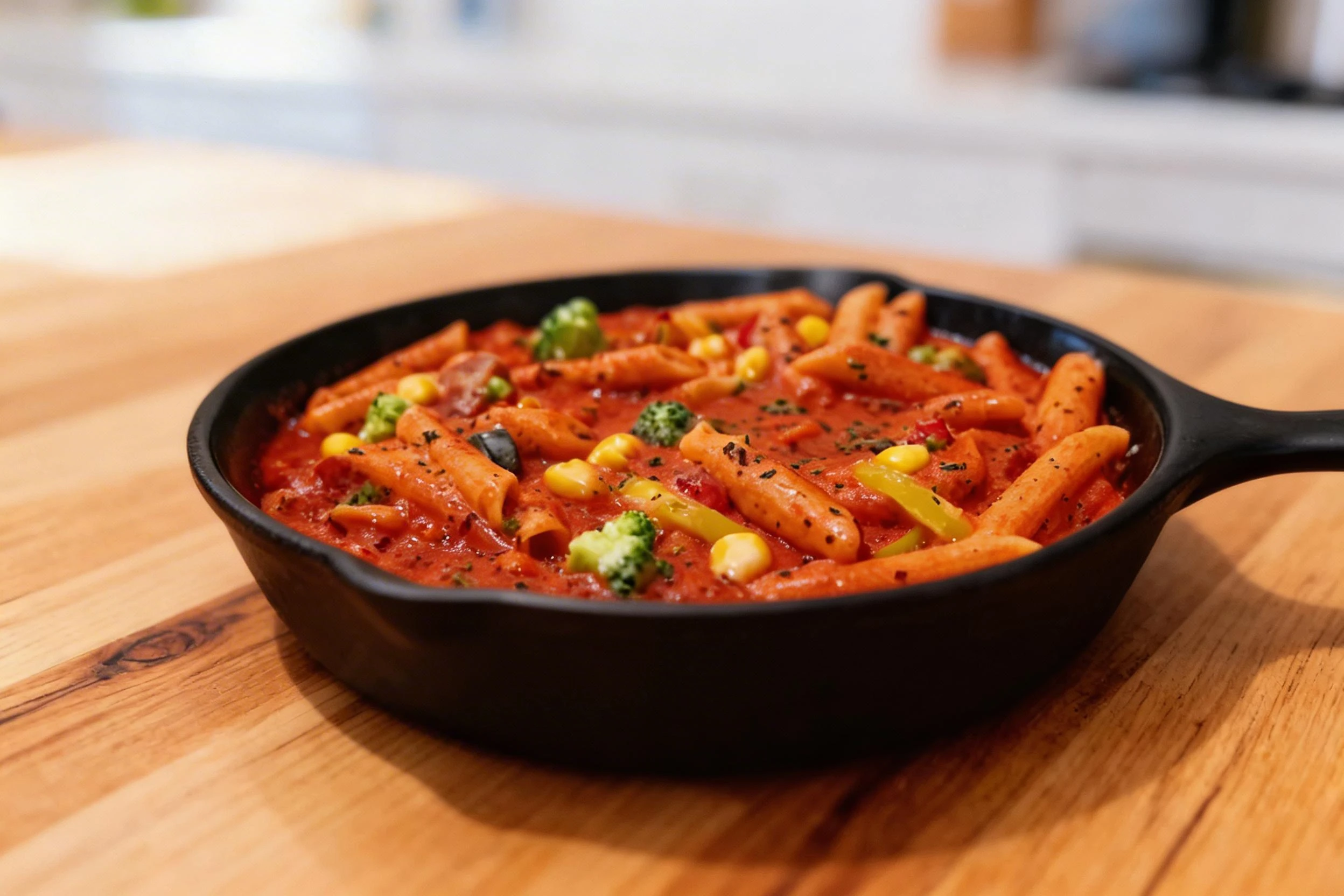 Penne pasta in a white cream sauce with broccoli florets, corn kernels, and mixed vegetables served in a black skillet-style dish.