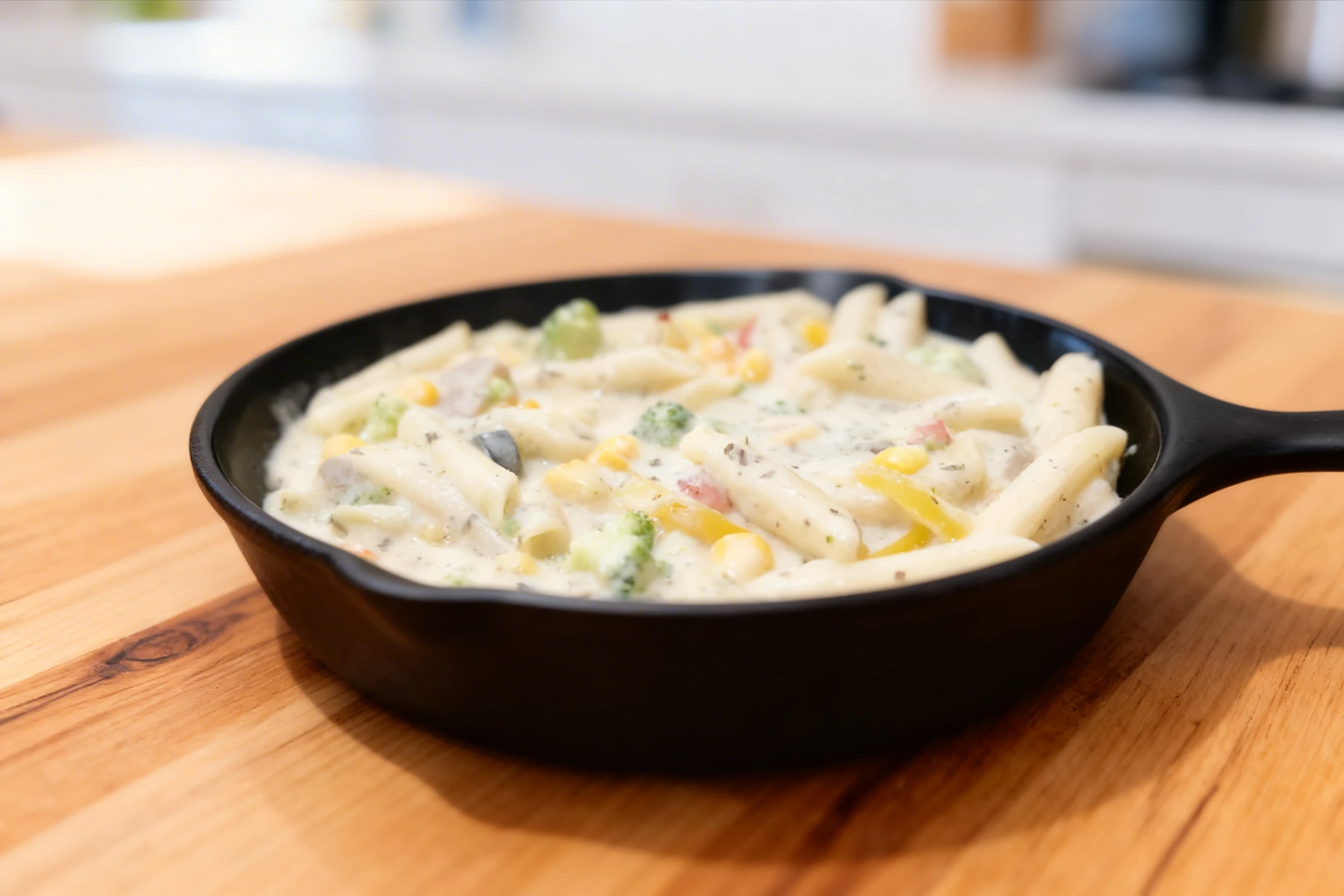 Penne pasta in a white cream sauce with broccoli florets, corn kernels, and mixed vegetables served in a black skillet-style dish.