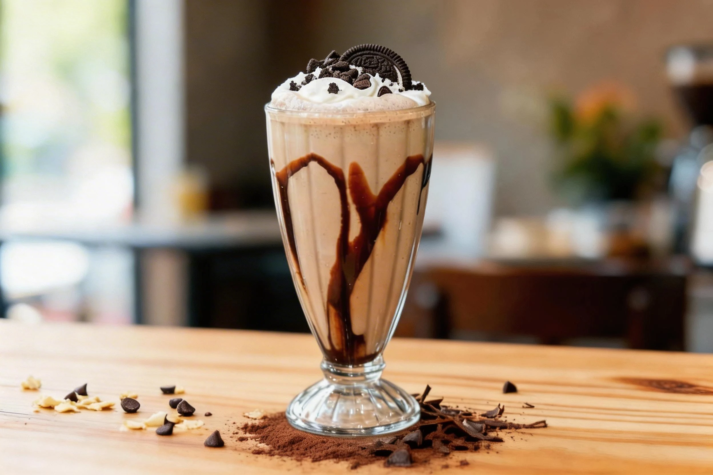 Chocolate milkshake in a tall fluted glass decorated with chocolate syrup, topped with whipped cream, chocolate chips, and a vanilla wafer cookie.