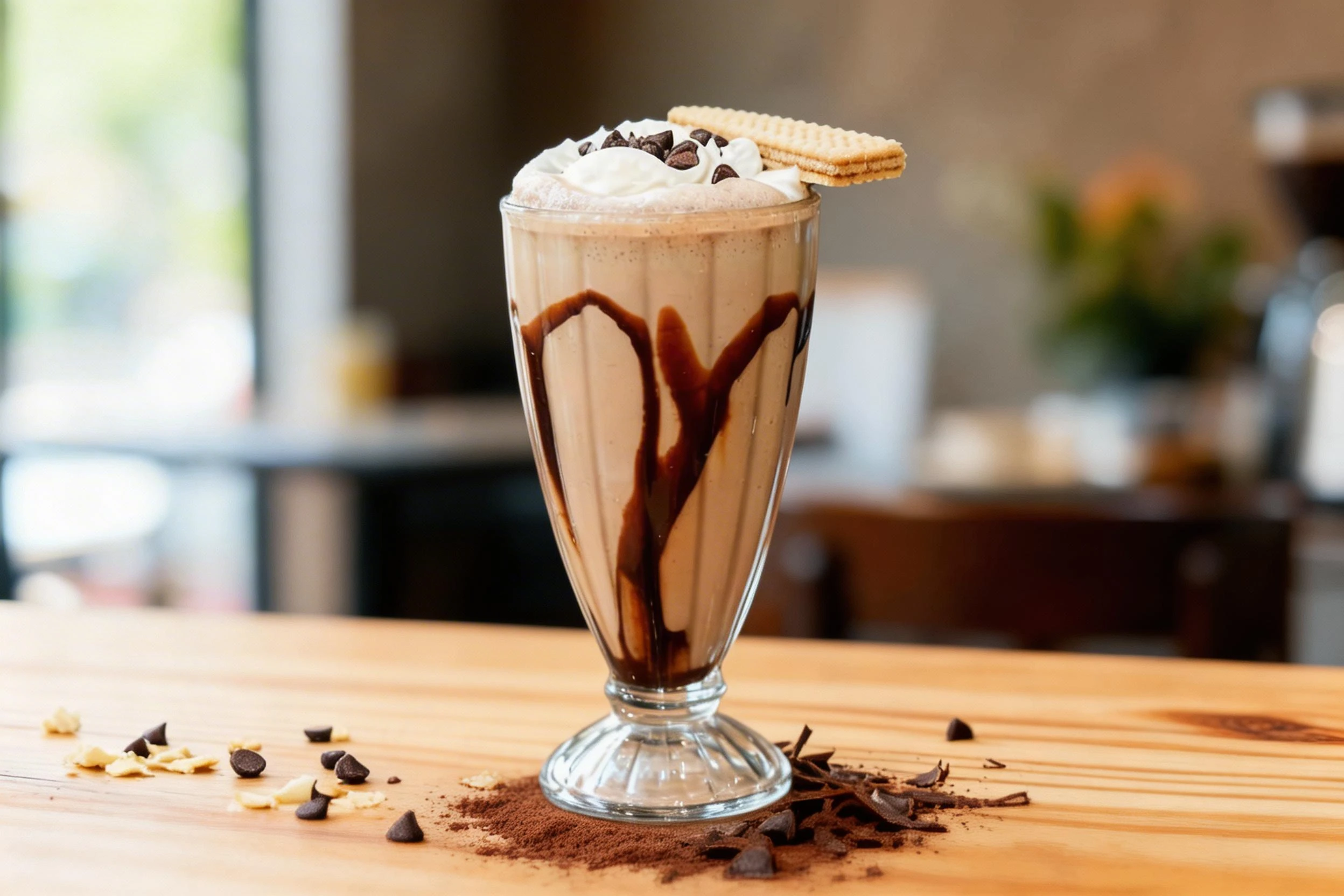Chocolate milkshake in a tall fluted glass decorated with chocolate syrup, topped with whipped cream, chocolate chips, and a vanilla wafer cookie.