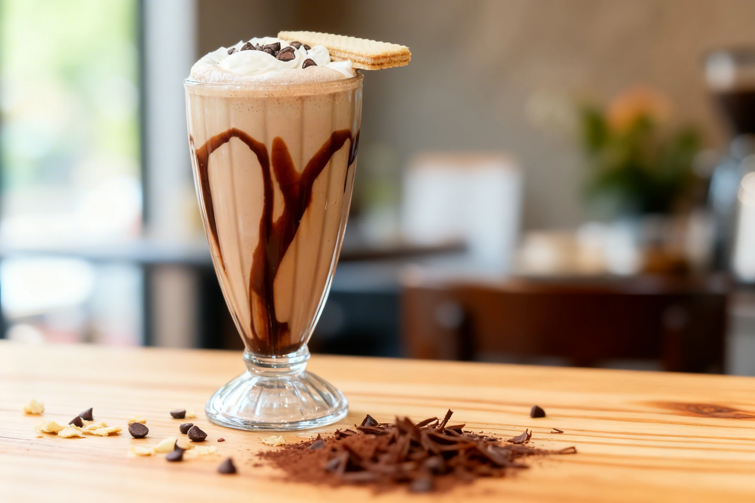 Chocolate milkshake in a tall fluted glass decorated with chocolate syrup, topped with whipped cream, chocolate chips, and a vanilla wafer cookie.