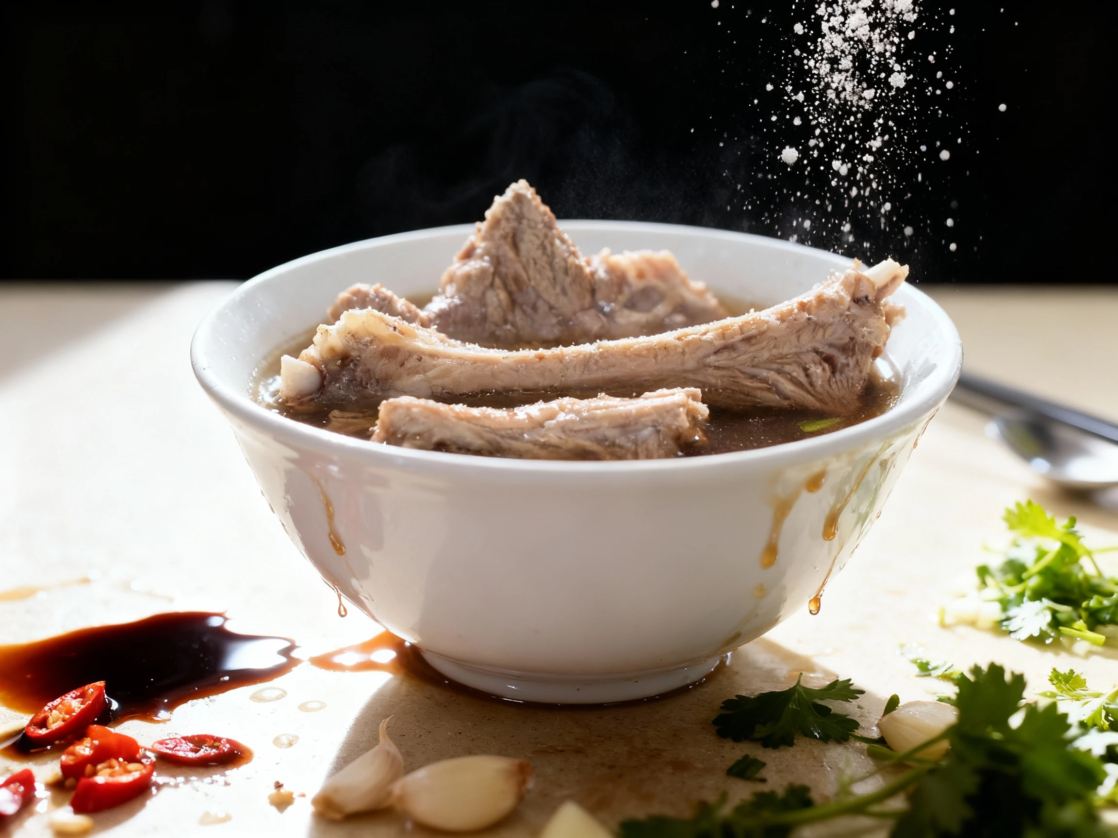 A traditional serving of Bak Kut Teh, featuring multiple large bone-in pork ribs submerged in a dark herbal broth, presented in a white bowl.