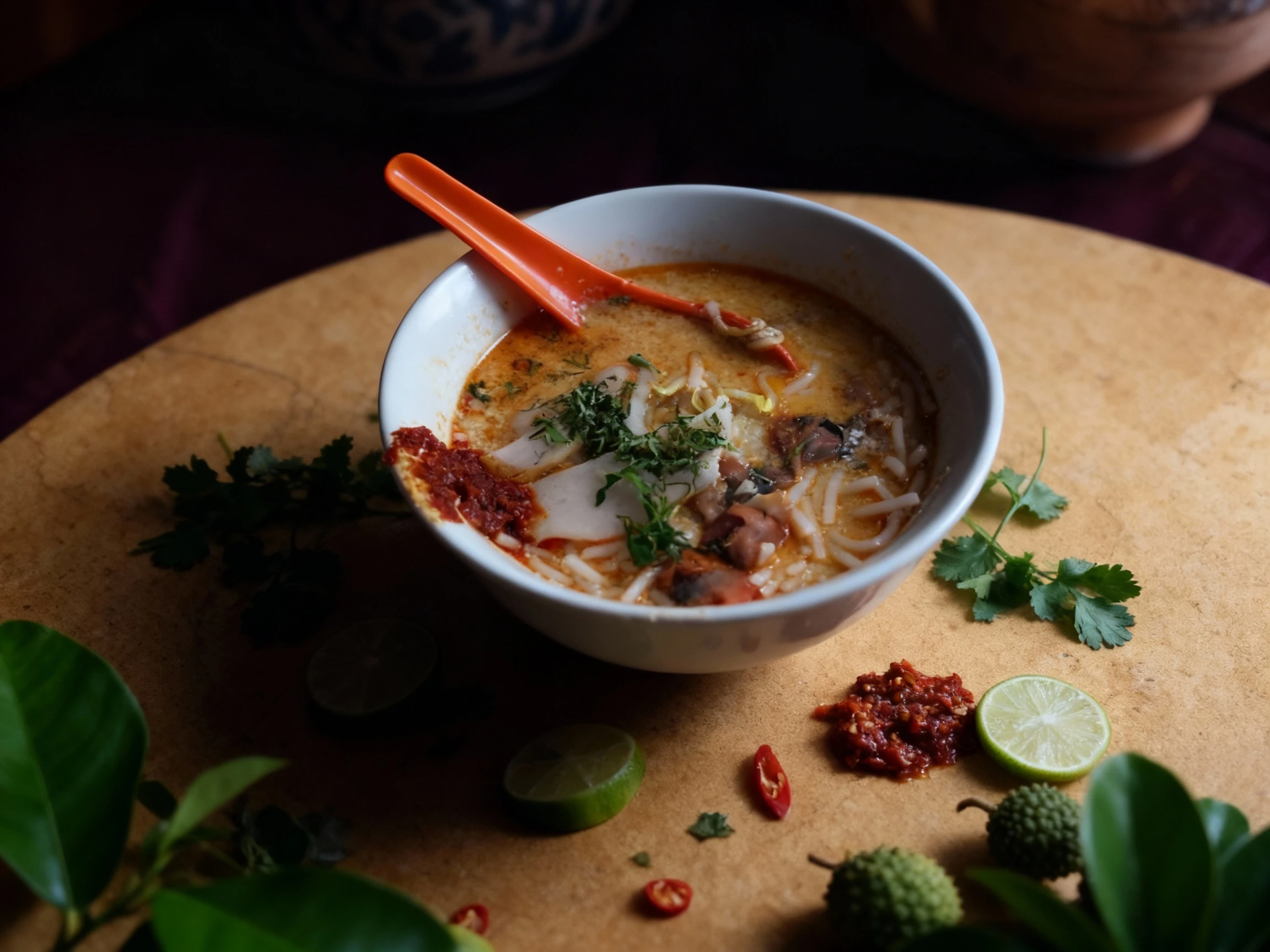A bowl of curry laksa featuring rice vermicelli noodles in a rich, orange coconut milk broth, topped with sliced fish cake, clams, bean sprouts, and shredded he