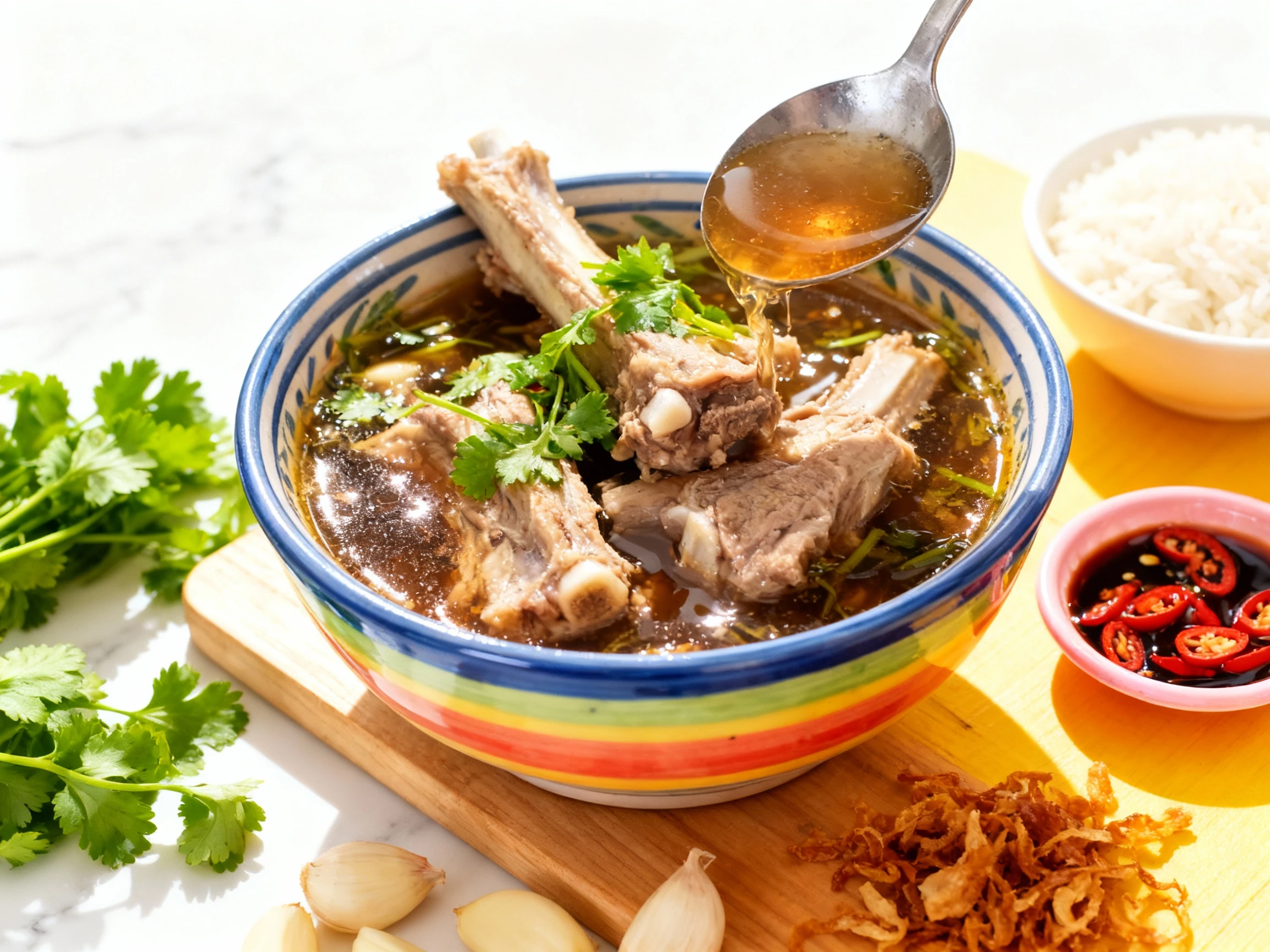 A traditional dish of Bak Kut Teh, featuring several pieces of bone-in pork ribs submerged in a rich, dark herbal broth.