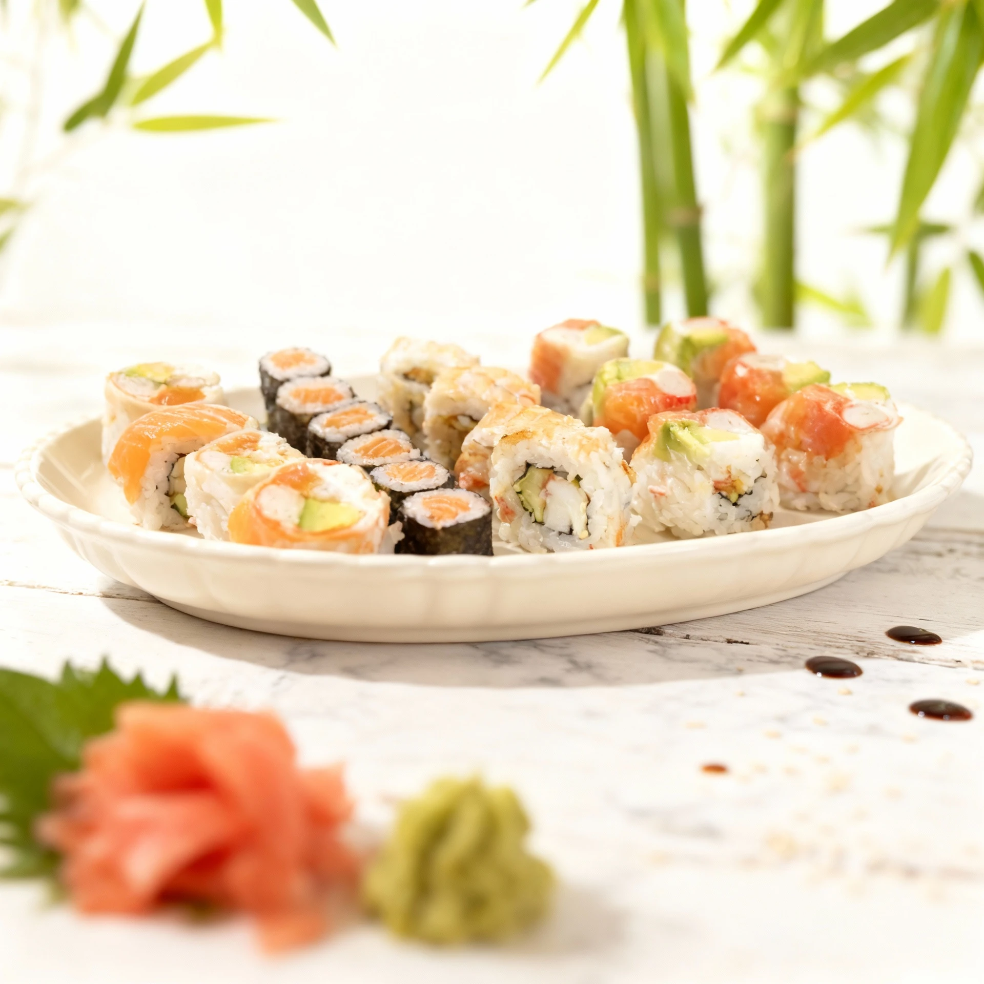 A platter featuring a variety of sushi, including traditional salmon maki, specialty rolls containing crab stick, avocado, and cream cheese, and separate pieces