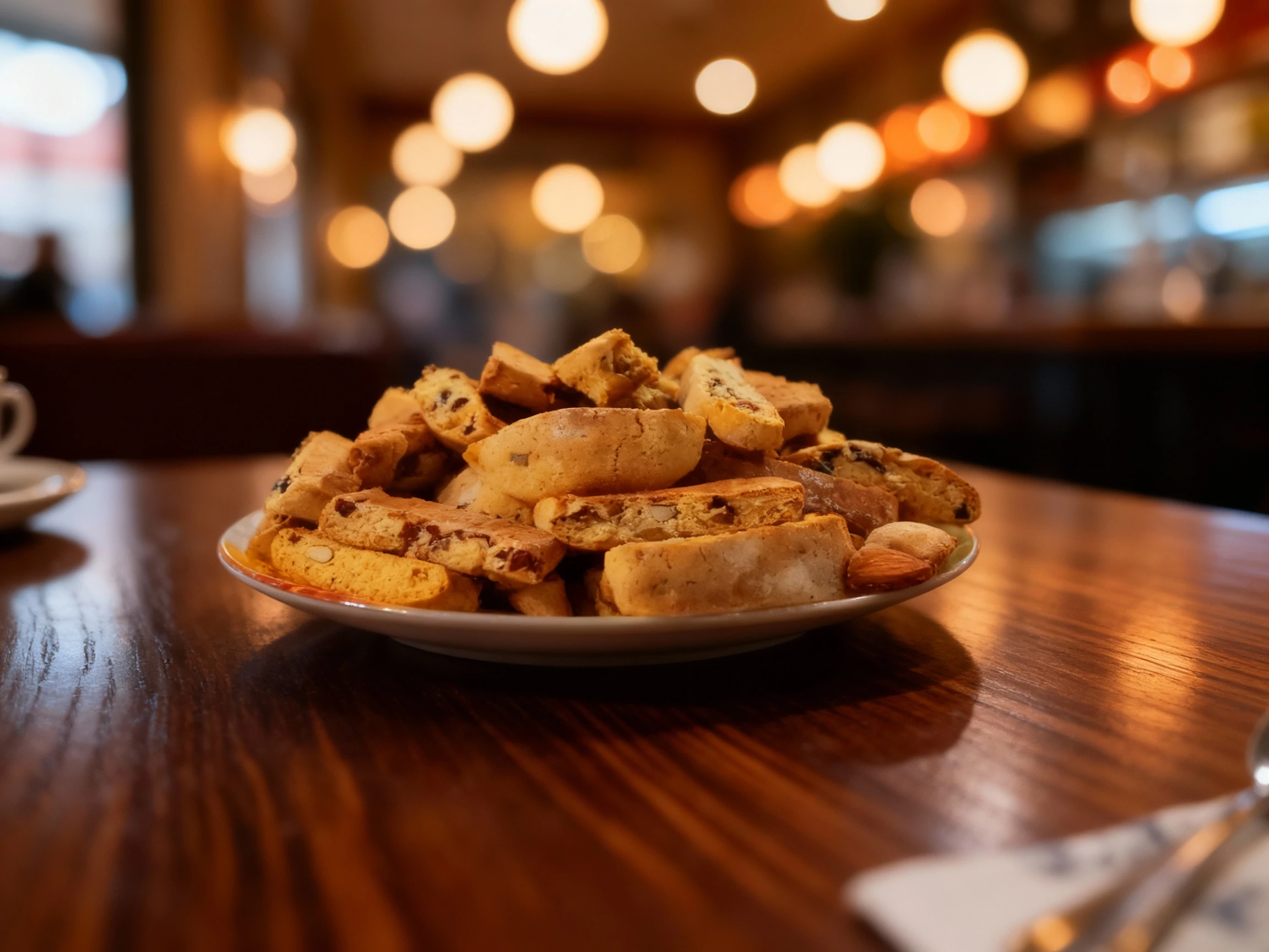 A large pile of baked cantucci or biscotti cookies containing whole almonds and dried dark fruit.