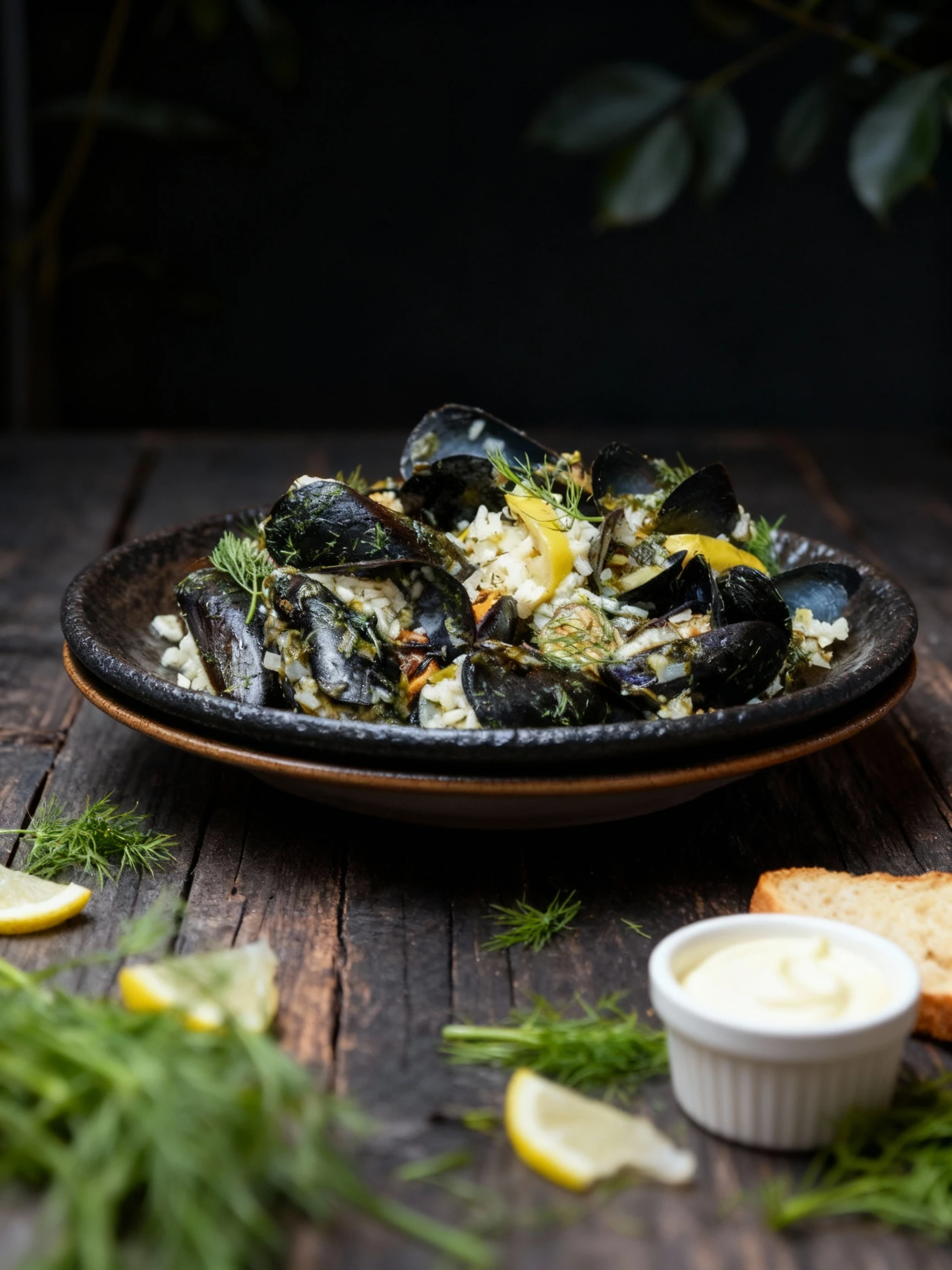 Steamed mussels in their shells are piled high over a bed of herbed rice, generously garnished with fresh dill or fennel fronds and bright lemon wedges.