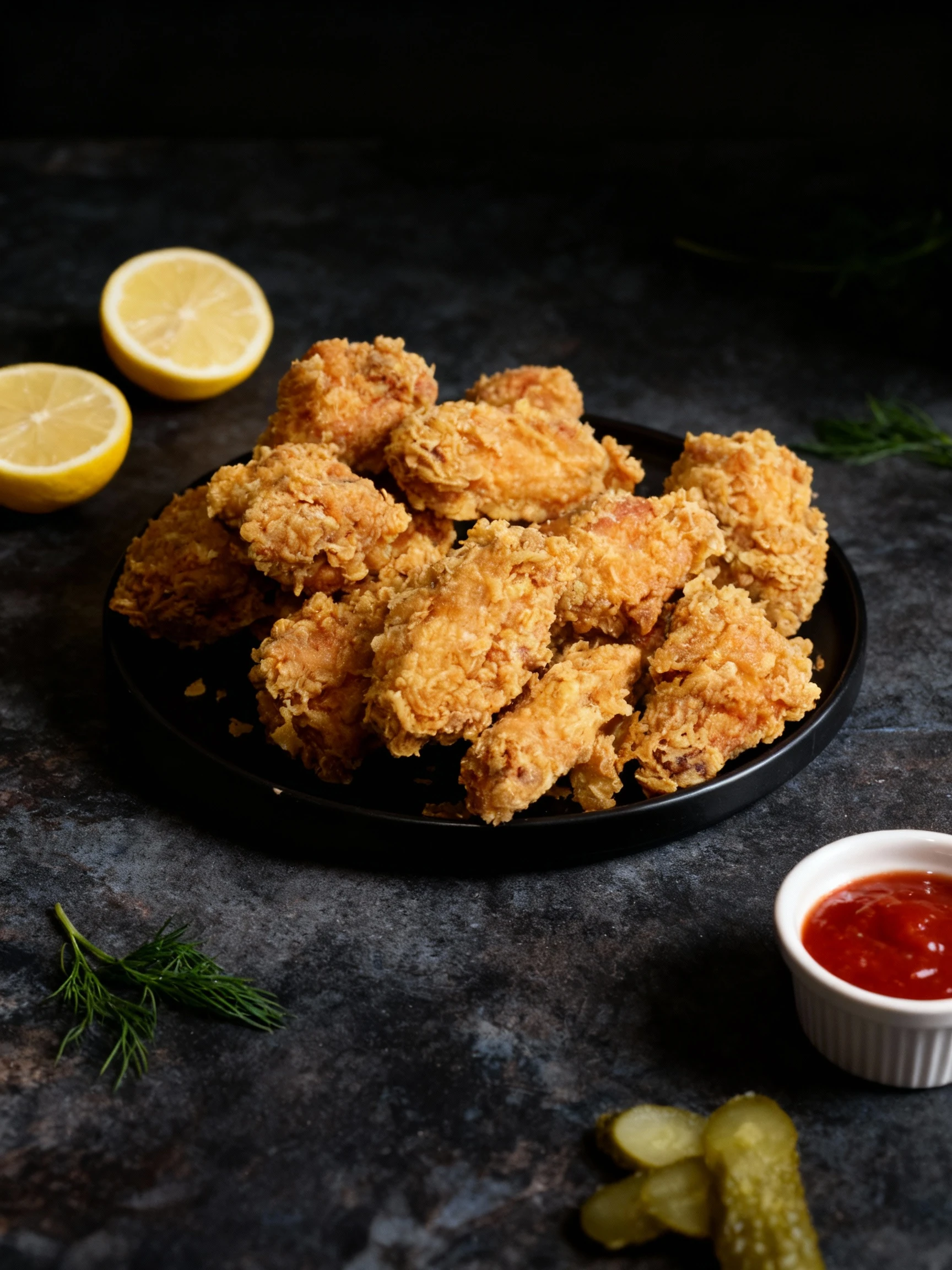 A large mound of golden-brown fried chicken pieces, possibly wings and tenders, piled high on a black round plate. The chicken is covered in a thick, craggy bre